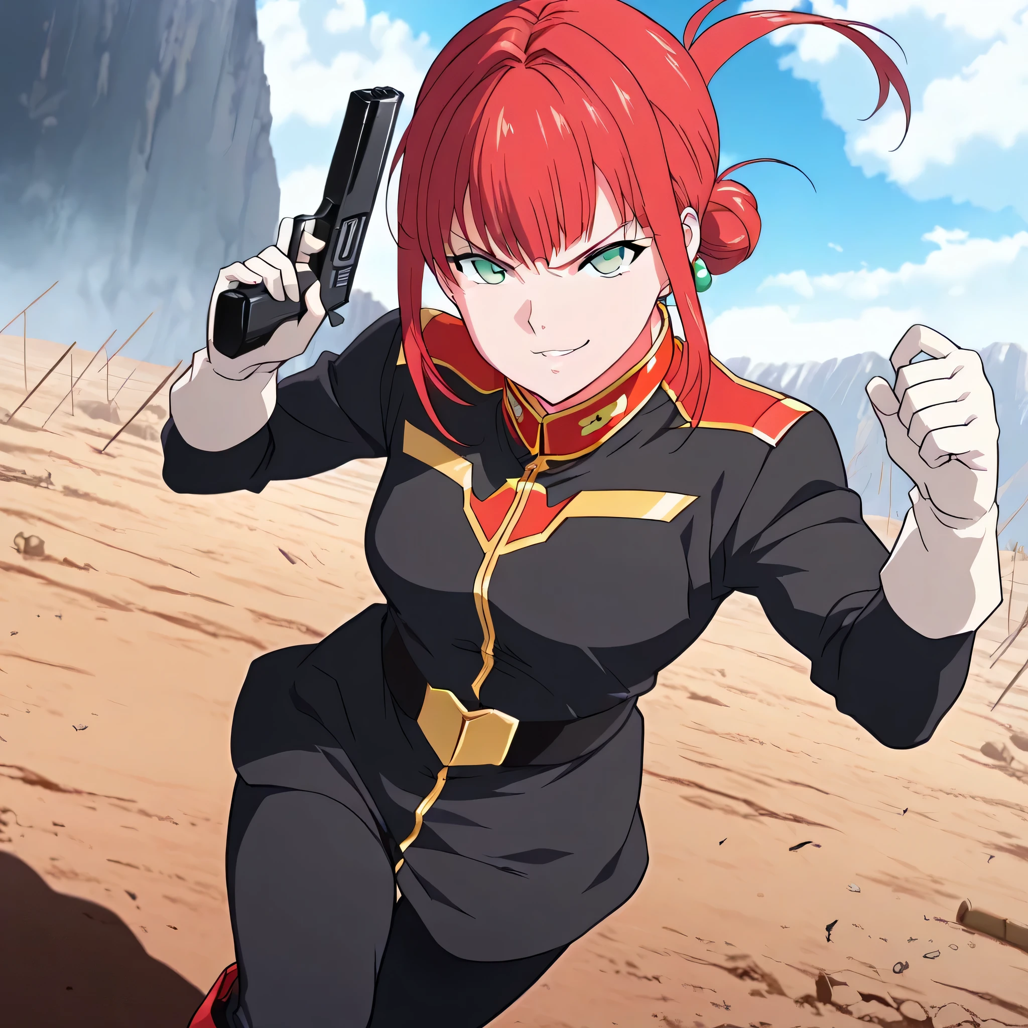 ultra-High resolution, score_9,score_8_up,score_7_up,score_6_up,score_5_up,score_4_up, BREAK, source_anime, anime screencap, uncensored, rating_explicit, Masterpiece, curvy, dark persona, looking at viewer, Fighting Stance, (((solo, 1girl))), hair ornament, (((zabiarov, military uniform, white gloves, black pants, boots, black uniform))), ZetaGBTT, seductive pose, submissive pose, medium breast, alma_CF, red hair, short hair with long locks, bangs, sidelocks, single hair bun, hair ornament, floating hair, ponytail, green eyes, smile, young girl, cute, outdoors, war, battlefield, holding gun, gun, explosive, angry, aimming