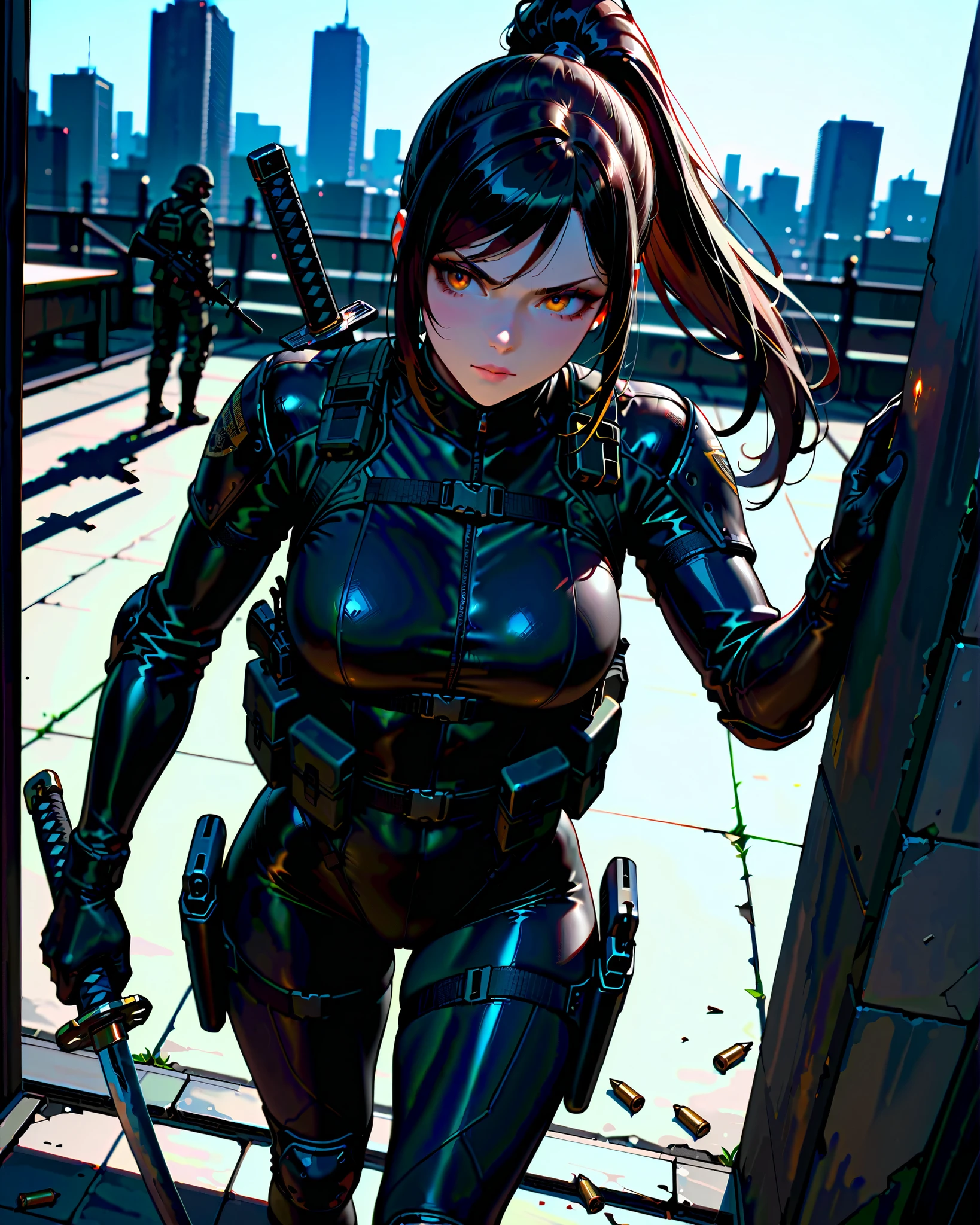 1 kunoichi, fair skin, Green eyes, long pink hair, ponytail, ((detailed eyes:1.2)), medium breasts, wearing black ninja suit, sexy, sensual, open back, sleeveless, masterpiece, top quality, best quality, official art, beautiful and aesthetic:1.2), extreme detailed, colorful, highest detailed