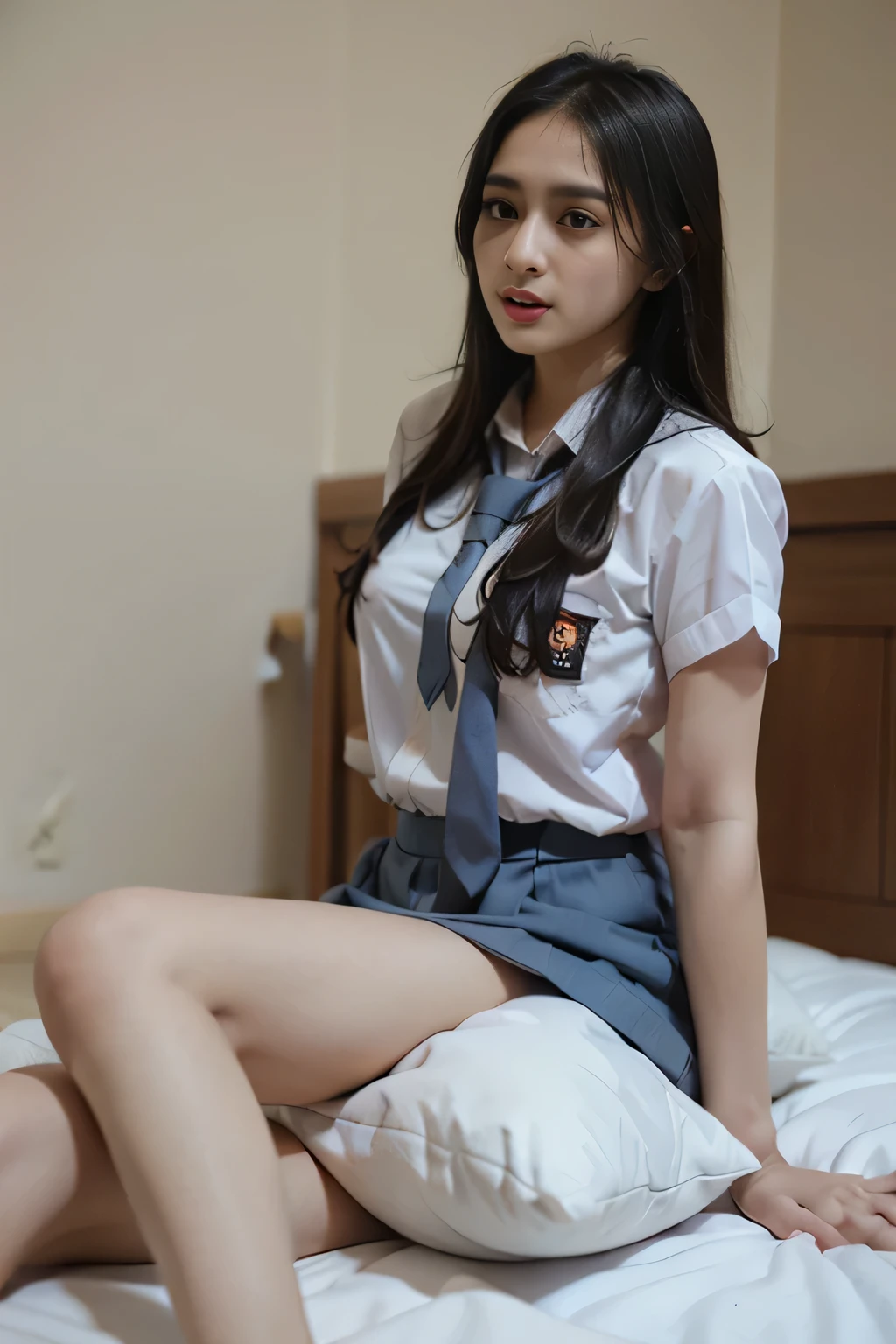 1girl,school girl wearing seragamsmahijab uniform, MASTURBATING WITH pillow, on bed, pussy juice, side lying, hyper detailed, photorealistic, 8k, high quality, realistic, extremely detailed, intricate details, cinematic lighting, beautiful, erotic, sensual, intimate, delicate, soft, tender, glowing skin, natural lighting, warm tones