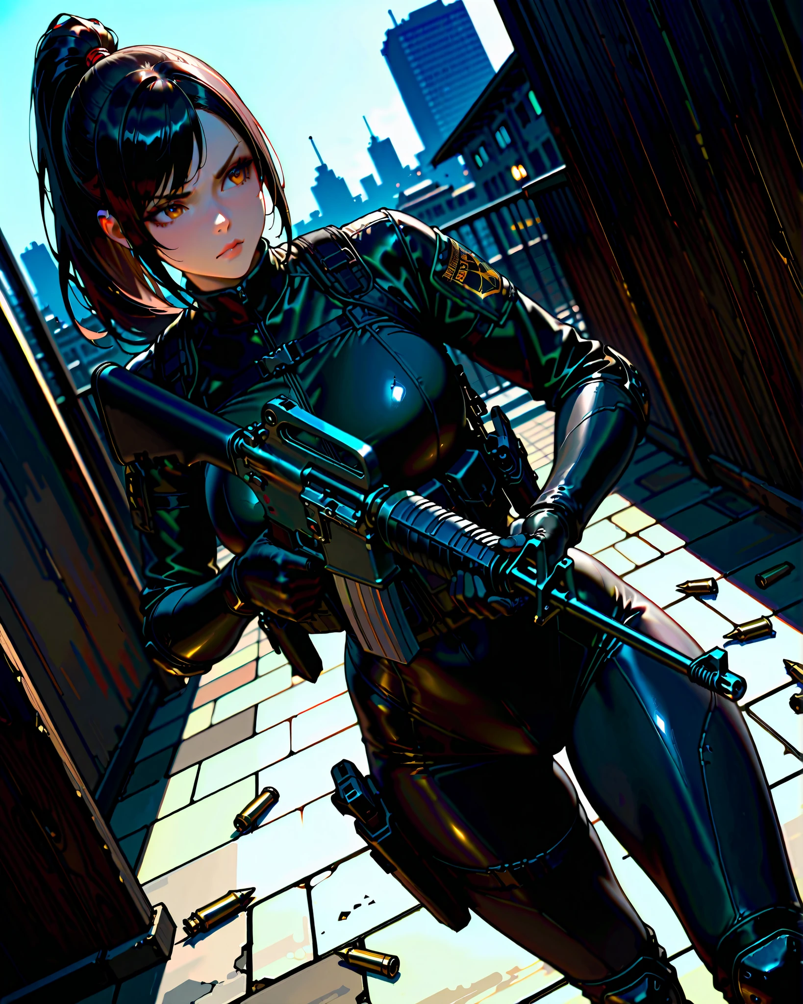 masterpiece, highest quality, 8k, solo, solo focus, (perfect face:1.1), (high detail:1.1), 1female, ninja, mercenary, (holstered sword:1.2, katana:1.2) jet black hair, long hair, side-swept bangs, ponytail hair, amber eyes, beautiful detailed eyes, double eyelids, v-shaped eyebrows, determined expression, black bodysuit, black combat boots, black tactical gloves, tactical gear, knee pads, (using a highly detailed assault rifle, c-m16, scope, shell casings), rooftop, glass building, depth of field, dutch angle, perspective, cowboy shot, action illustration.