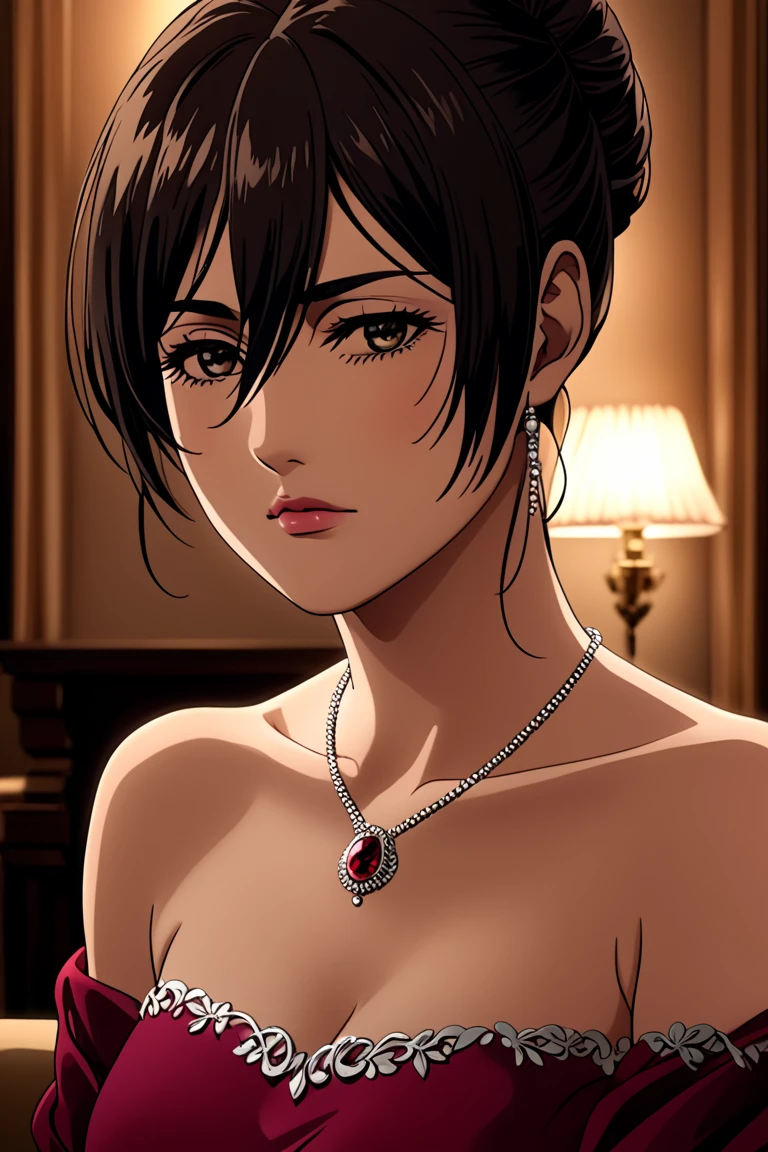 1girl, annie leonhart, (black hair:1.3), hair between eyes, short hair, sideburns, gray eyes, lips, cleavage, big breasts, close up, solo, lips, masterpiece, best quality,