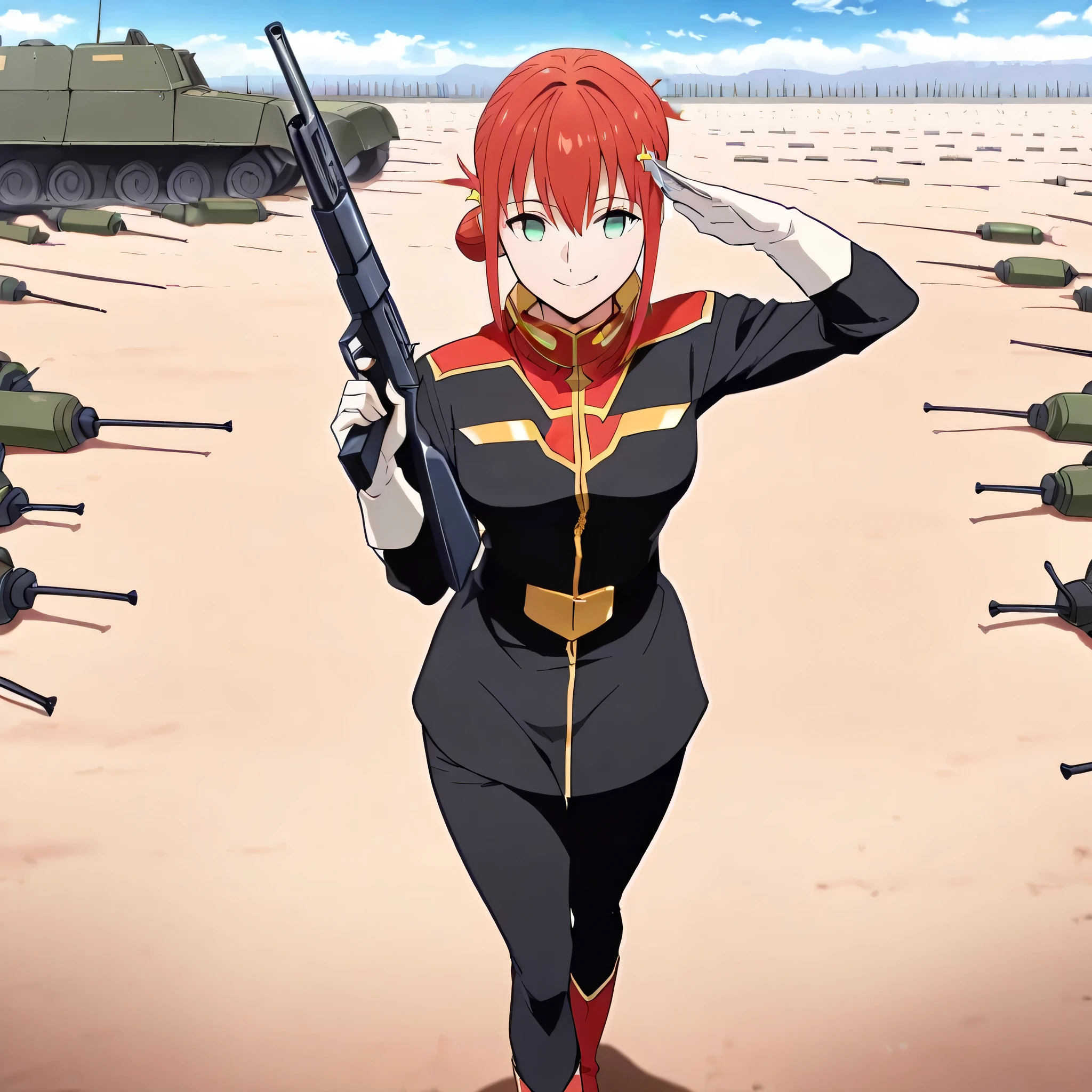 alma_CF, red hair, short hair with long locks, bangs, sidelocks, single hair bun, hair ornament, floating hair, ponytail, green eyes, smile, 