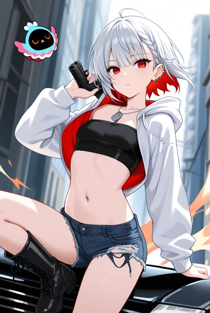 ((masterpiece, highest quality:1.2)),cowboy shot,1woman,20 year old beauty,solo,((very small head)),short hair,messy hair,light blue hair,blue eyes,blunt,((very long and slender body)),toned body,skinny,medium breasts,shiny skin,oily skin,blush,Bullish expression,Red leather jacket、 Red tight mini skirt、black tube top bra、black_thighhighs,Bounty Hunter、Holding a handgun in your hand、Shoot a gun、Gunfight、on street,Big cities、Cyberpunk World、