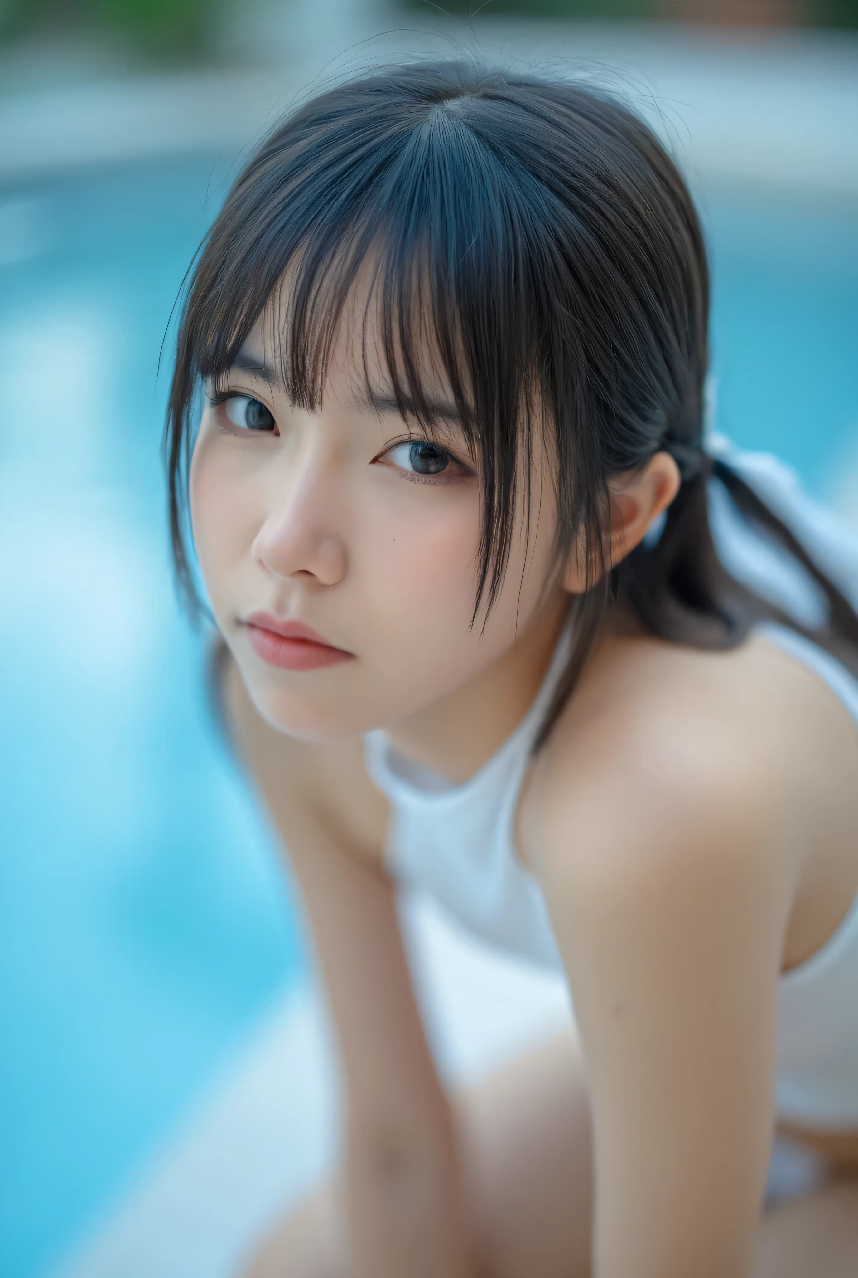 A close-up of a Japanese 20-year-old woman in a white high-leg competitive swimsuit crouching by the pool