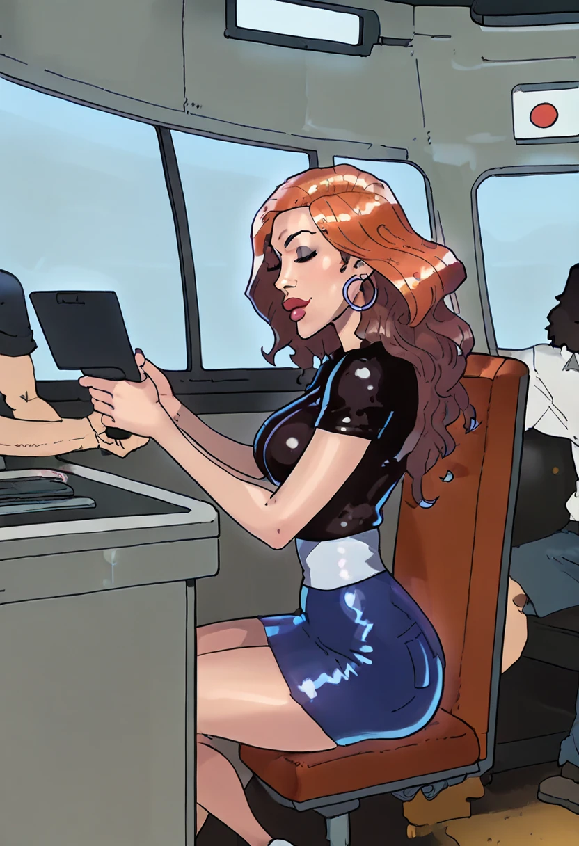 pov, Sam, totally spies, sitting, inside a train, skirt, bare shoulders, orange hair, green eyes, blushing, hairy penis at face, blowjob, from above, side view, foreskin, book on thighs, looking away, interactive