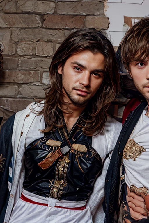 Pirate holding young gay man by the waist 