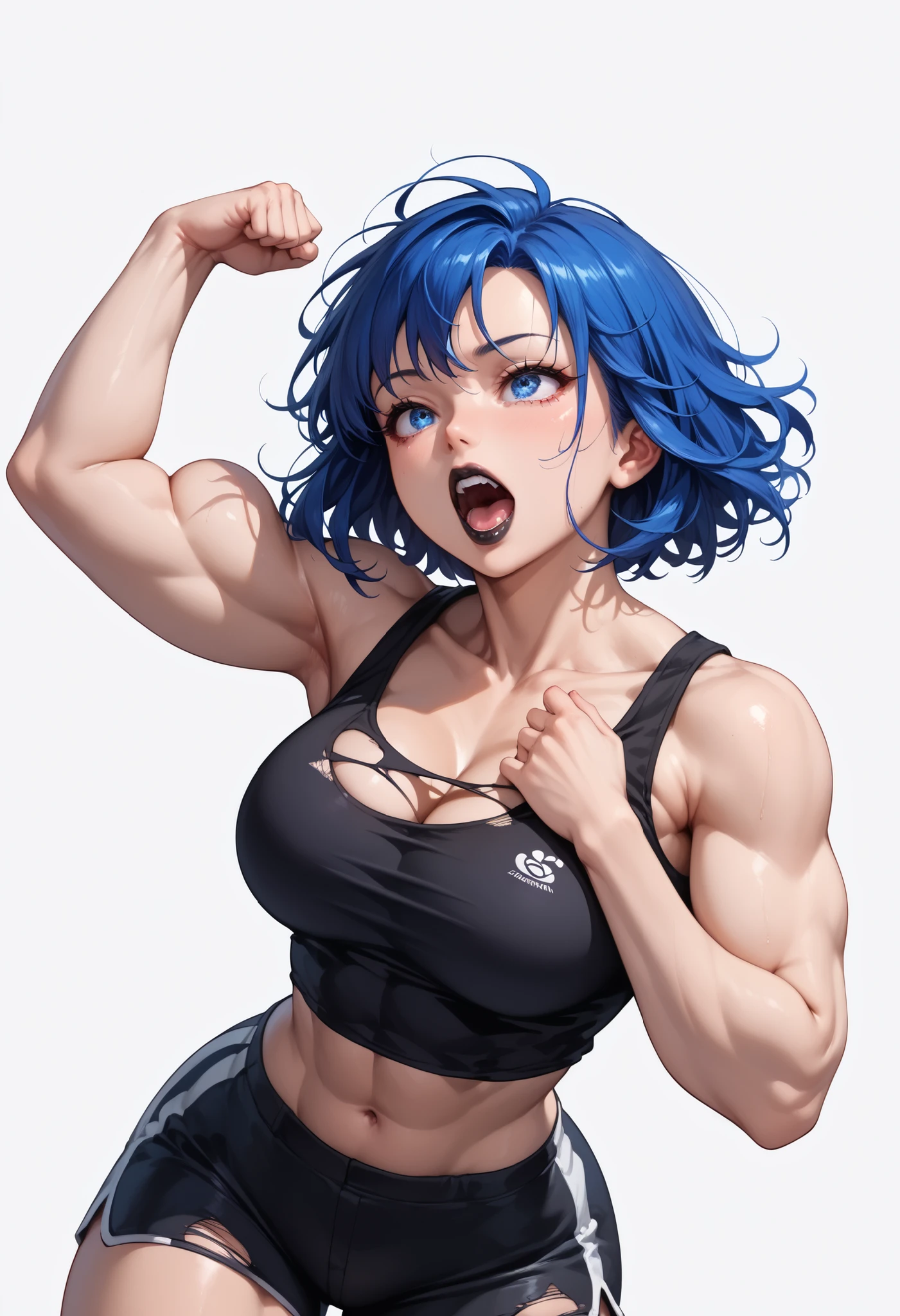 source_anime ,((White background)) White skin ((japan woman)) ((1girl)) , (solo girl) ,30 years old, rathing_questionable , Sharp long face (beautiful face:1.2), detailed eyes, (blue eyes), (Short straight blue hair:1.3) (Black tank top crop top :1.4) , (black sport shorts:1.2) , ((All black outfit)) (Veinous torso) Short hair ((Black lips:1.2)) , tall , Big ass , ((big breasts:0.9)) ((muscular:0.8)) , sexy , strong ,(look up:1 . 2)) (screaming in pain)) open mouth , (Flexing arm:0 . 8) Tight shirt ((Torn shirt:0.8))
