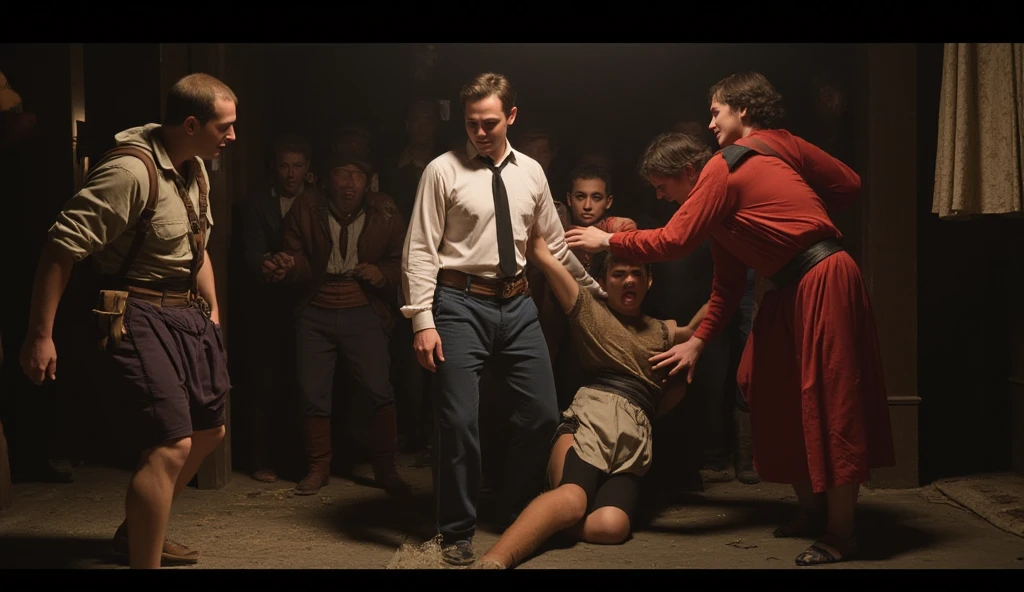 5. Prompt 5: “José being thrown into the well by his brothers, expression of surprise and pain, while Rubén tries to intervene, all under dramatic light and intense shadows.” with clothing to the. Era of history