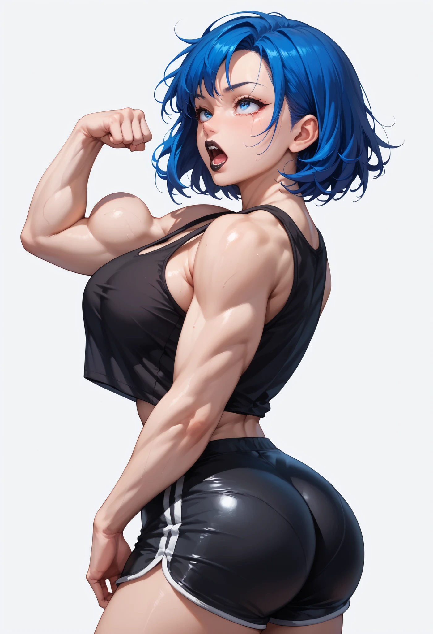 source_anime ,((White background)) White skin ((japan woman)) ((1girl)) , (solo girl) ,30 years old, rathing_questionable , Sharp long face (beautiful face:1.2), detailed eyes, (blue eyes), (Short straight blue hair:1.3) (Black tank top crop top :1.4) , (black sport shorts:1.2) , ((All black outfit)) (Veinous torso) Short hair ((Black lips:1.2)) , tall , Big ass , ((big breasts:0.9)) ((muscular:0.8)) , sexy , strong ,(look up:1 . 2)) (screaming in pain)) open mouth , (Flexing arm:0 . 8) Tight shirt ((Torn shirt:0.8))