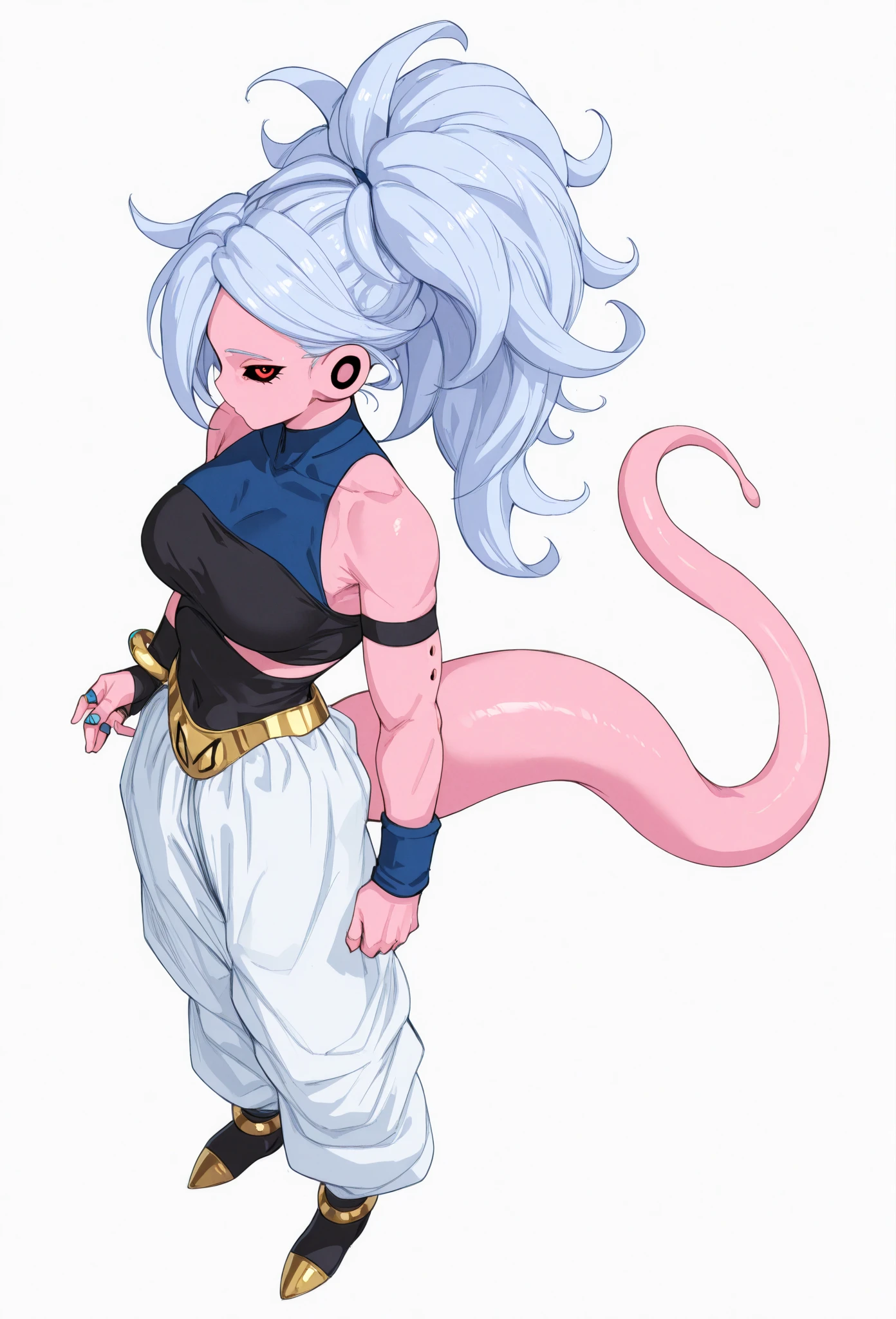 source_anime, score_9, score_8_up, score_7_up, anime screenca, android 21, dragon ball, perfect face, good eyes, nsfw, big ass, wide hips, thick thighs, huge breasts, huge ass, cleavage, nude, massive , massive butt, showing ass, bent over,
1girl, evil smile, exploding clothes, majin, ki ball, solo, long hair, breasts, earclip, standing, majin tail, full body, white hair, earrings, detached sleeves, pointy ears, looking back, from behind, bracelet, torn clothes, majin eyes, tube top, aura, torn majin pants, pink skin, majin pants, android 21, majin boots, teeth thicc,