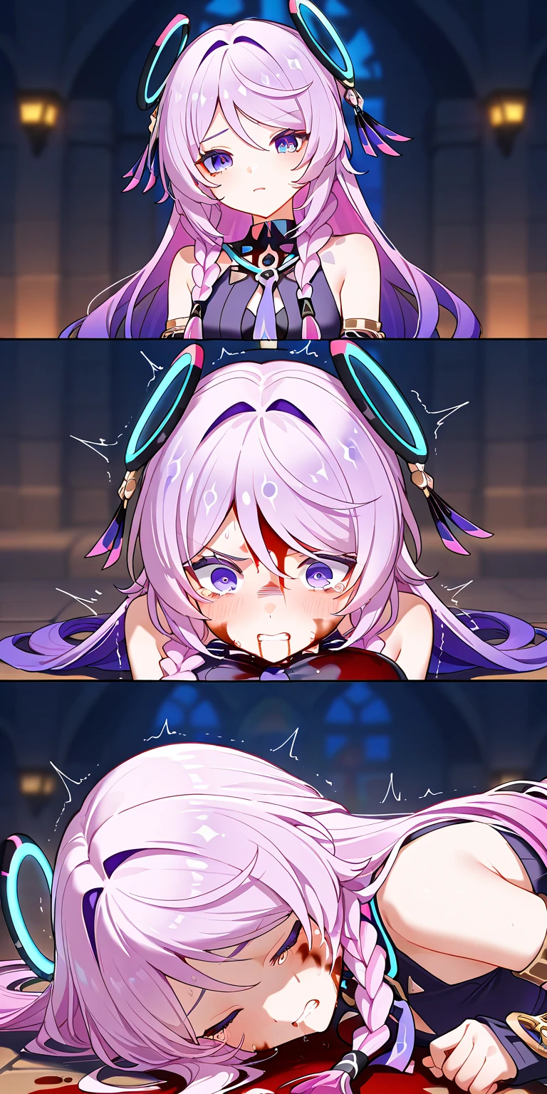 mature female, mature, Adult, onepieceuta, uta, long hair, (purple eyes:1.1), white hair, red hair, multicolored hair, (hair over one eye:1.5), two-tone hair, split-color hair, hair rings, sidelocks, Villain, licking-nipple handjob, handjob, veiny penis, 1girl 1boy, seductive smile, evil grin, aroused, in heat, nsfw, steam, breath, sweat, Villains, latex purple leotard, motion lines, speed lines, motion blur, speech bubble, Night cave, Night waterfall, Dark, dramatic angle, unique perspective, unique angle, masterpiece, Top animation quality,Top image quality,