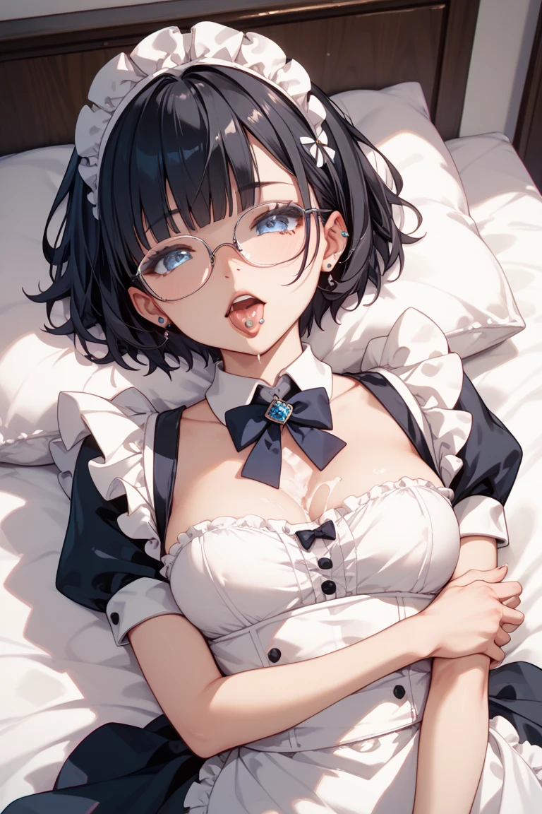 Night time,(Masterpiece), Best Quality, ultra-detailed, 1girl (eri, Slender and sexy body, huge breasts, wide hips, brown hair, single hair bun, brown eyes, spectacles), a surprised face, parted lips, nose blush, blush, facing viewer, looking at viewer, solo, maid (black), frill, apron, maid headdress,skirt lift, black lace panty, black lace thighhighs, in the bedroom, on the bed, lie down, lying, hands up