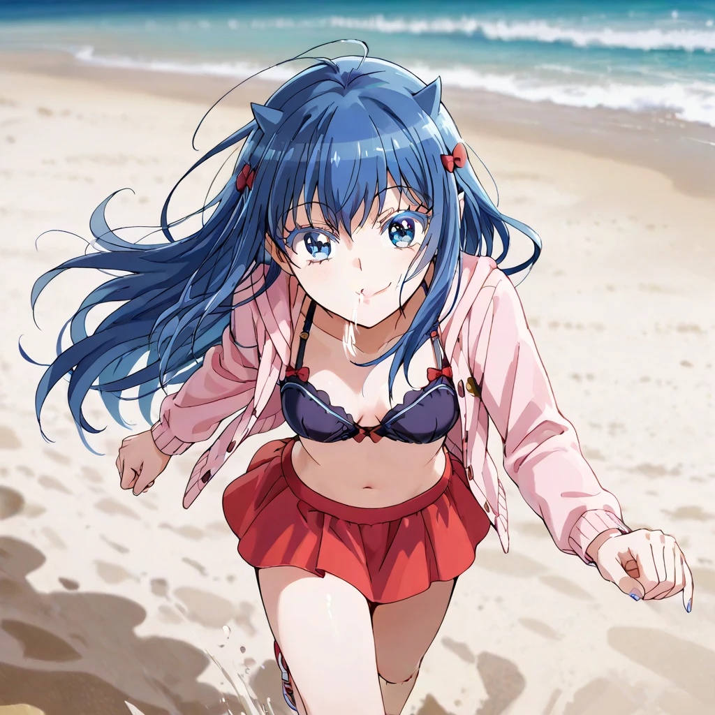1chica, en la playa, pechos grandes, pelo azul, pelo corto con lazo, bikini negro, lenceria negra, tsugimi, tsugimi seishirou(nisekoi.)
