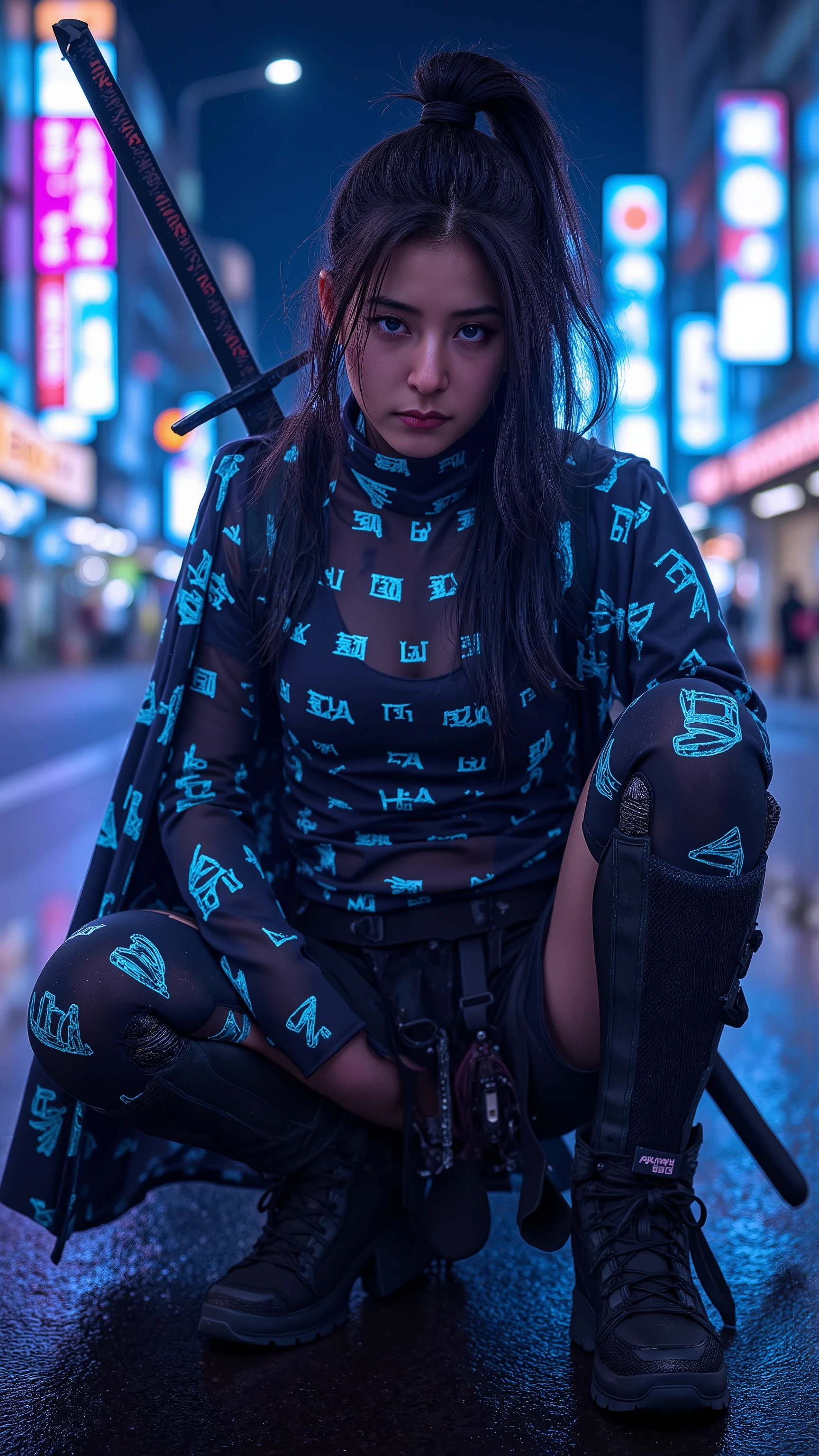 Cyberpunk Female Warrior Inspired by Motoko Kusanagi, Dark Blue Cybernetic Eyes, Neon Tech Armor, Techwear bodysuit with glowing kanji symbols, Samurai Sword on Her Back, plaid sitting in a crouched position, Asymmetrical Hairstyles with Pink and Blue Strands, Glitch Holograms Floating Around, Neon Signs and Rainy Night Views of Tokyo, Dramatic Cinematic Lighting, Super Detailed Facial, Symmetrical Configuration, Highly Detailed Mechanical Textures, 4K Anime Realism, concept art style