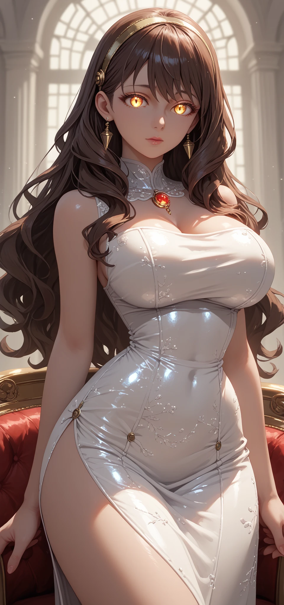 masterpiece, best quality, best lighting, shadows, portrait, perfect anatomy, 1 girl, adult anime girl, 21 years old, bunny girl, allure, erotic bunny dress, mature features, pretty face, pretty lips, pretty eyes, white wavy hair, red eyes, seductive eyes, blushing, flirty, pretty smile, huge ass, breast, thighs, seductive, spicy, hot, flirty, nsfw,