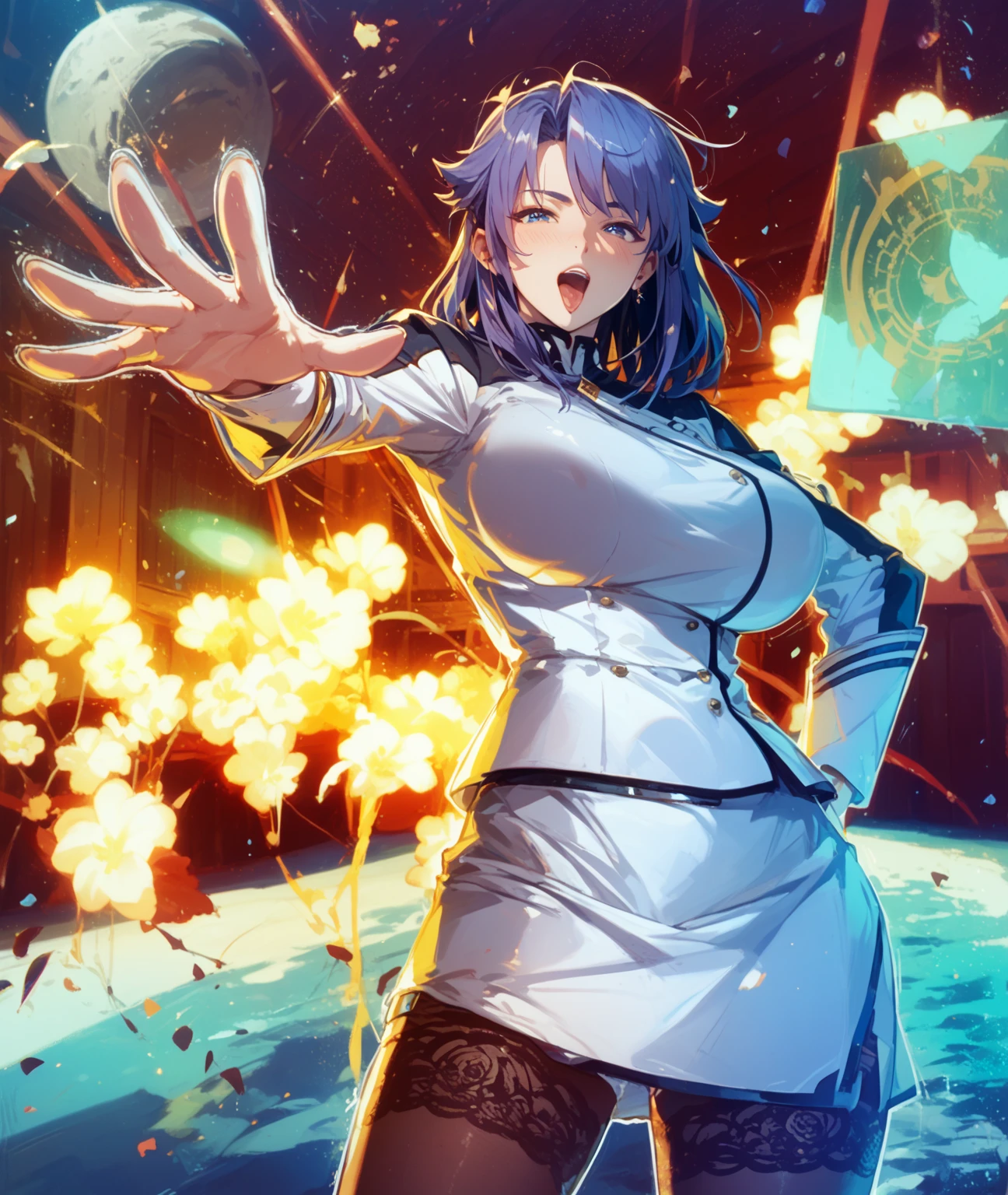 score_9, score_8_up, score_7_up, score_6_up, score_5_up, score_4_up,score_9,score_8_up,score_7_up,source_anime, IgawaAsagi, 1girl, long hair, hair between eyes, black hair, blue hair, green eyes, huge breasts , , smile, rolling eyes , purple bodysuit , <lora:IgawaAsagiXL:1> igawaasagi ,mature female ,<lora:ahebomb_pony:1.2> ,,ahebomb,night,explosion, , open mouth tongue out , double peace