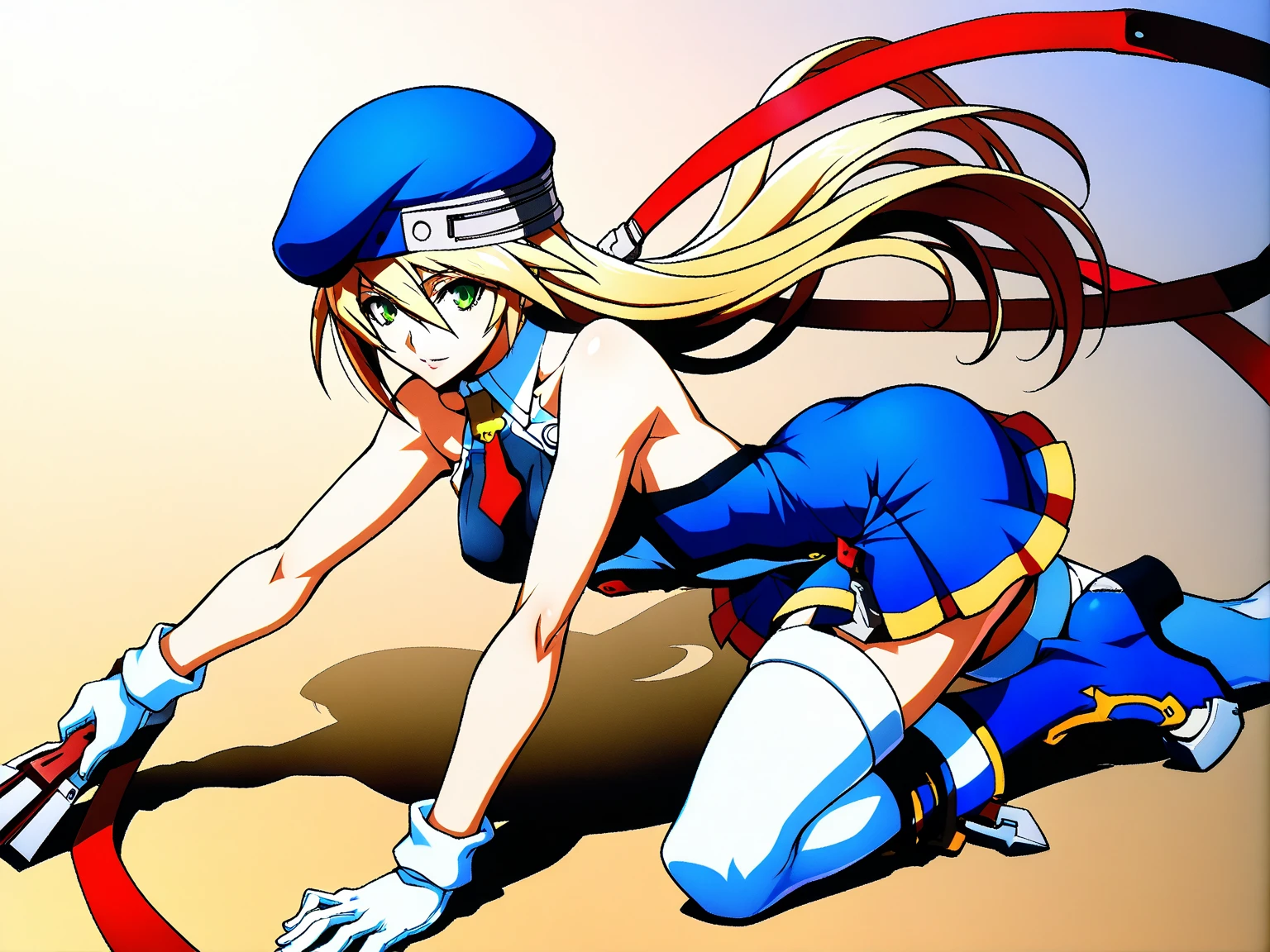 1girl, solo, dynamic pose, looking at viewer,  kicking, <lora:asuka_Toyoda_Karina_lora_ver1:0.7> karina, red eyes, red hair, low-tied long hair, very long hair, ponytail, high ponytail, hair ornament, gloves, blue sailor collar, school uniform, serafuku, short sleeves, blue skirt, zettai ryouiki, thighhighs,