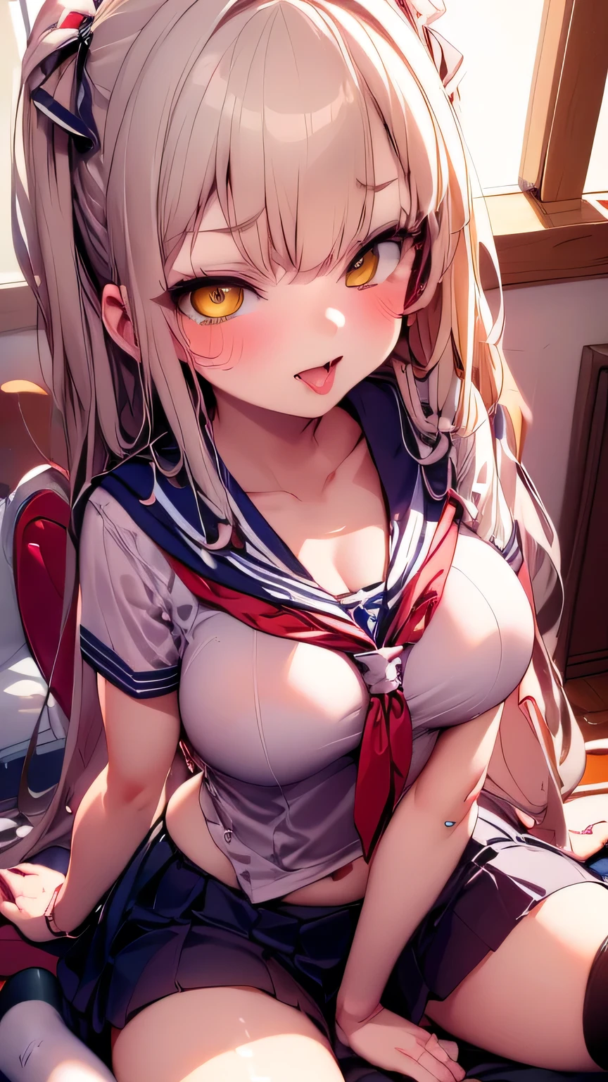 1girls ai_generated angel_beats! blush cum cum_in_mouth cum_inside cumdrip long_hair looking_at_viewer malth open_mouth presenting presenting_mouth school_uniform schoolgirl sitting tachibana_kanade thighhighs tongue tongue_out wariza white_hair white_thighhighs yellow_eyes