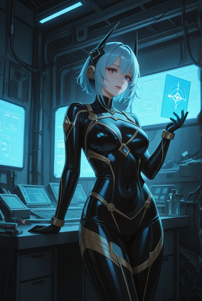 (masterpiece, best quality:1.2), solo, 1girl, yamamoto akira, dark skin, expressionless, looking at viewer, ahoge, bodysuit, outer space