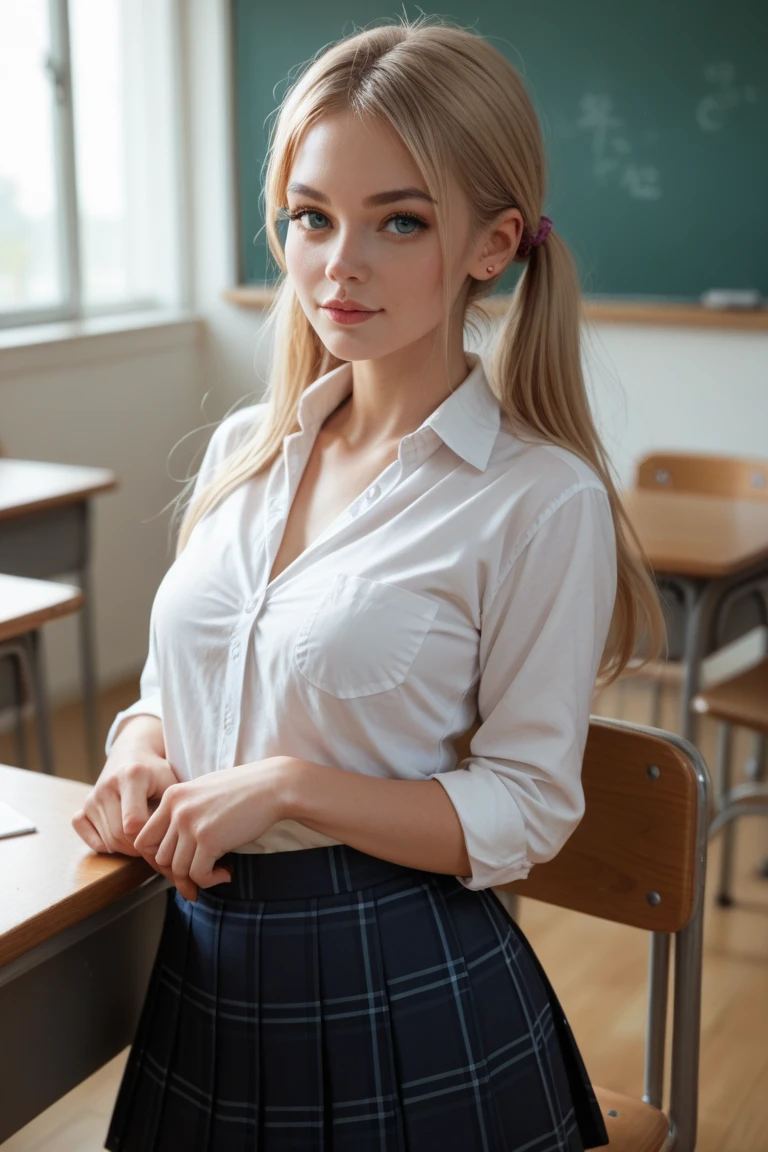 (8ก,high resolution,Masterpiece, best quality, alone, complicated details, Chromatic aberration), realistic, ((small breasts)), hair in one eye,purple eyes, big round hoop earrings, sharp eyes, Diamond choker, red gemstone necklace,(symmetrical eyes),(Perfect symmetrical body), (Photo of a beautiful 21 year old teenage girl.), Beautiful and charming with contemporary fashion paintings as well., looking at the audience, ((Behind the scenes of a large classroom)), (black short skirt), ((White short sleeve shirt), (Open your shirt and show your breasts.), no bra.)), (open chest), (soft breasts))), ((A short black pencil skirt with a deep slit on the side.)), (Long square leather belt buckle), ((Put your hands down.)), (Bob, Side flatness, golden hair, (There is a thin layer of hair covering the face.)), sharp eyeliner, Blush eyeshadow with thick eyelashes, Very delicate and beautiful, round chin, Sharp focus, elegant, (Open your legs fully on the study table.), (Turn your head with your legs open.), (Open your legs and lift your right leg over your left leg.), (let it go naturally), Posing seductively.