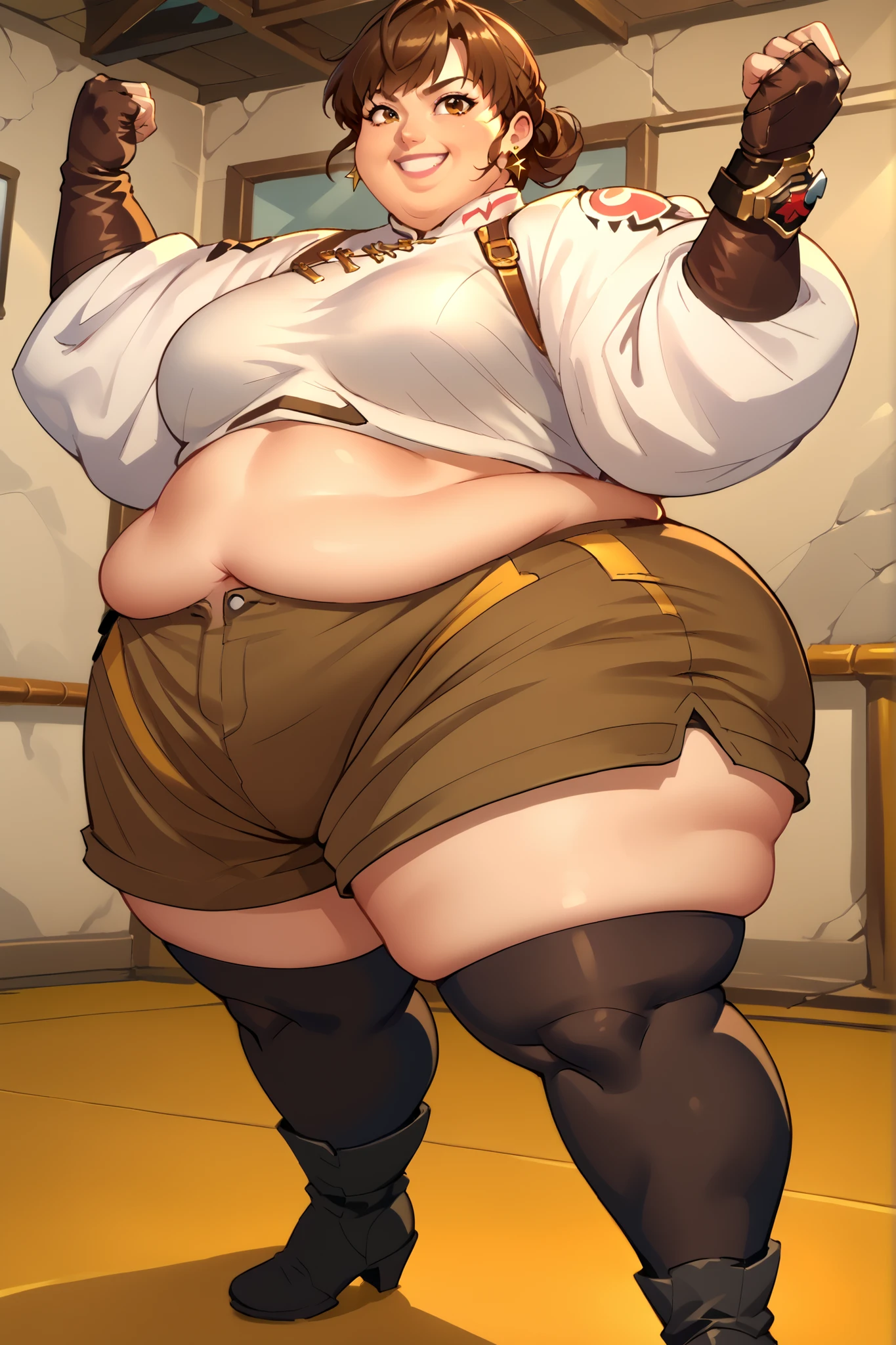 (masterpiece), best quality, female warrior, dark fantasy, huge girl, female muscular:1.2, ginger hair, (curvy:1.6), ((thick thighs:1.3)), (((blank background))), ((full body)), fingerless gloves, long boots, sleeveless, (straight hair), (fur top) , strapless top, (spread legs), (squatting), ((legs apart))