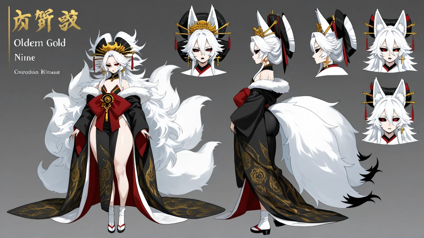 evil, eldritch god, slender, nine tailed kitsune, white extremely long fluffy hair, white long fluffy hair, white ankle length fluffy hair, white fox ears with golden tips, white fox tails with golden tips, black sclera, red eyes, thin pupils, white fluffy eyelashes, gold and black kitsune makeup, black long nails, black lips, wearing a revealing black and gold kimono with black fur, cross earrings, oiran headdress, emotionless, flat , thick thighs, slim waist, huge , thick thighs, character sheet