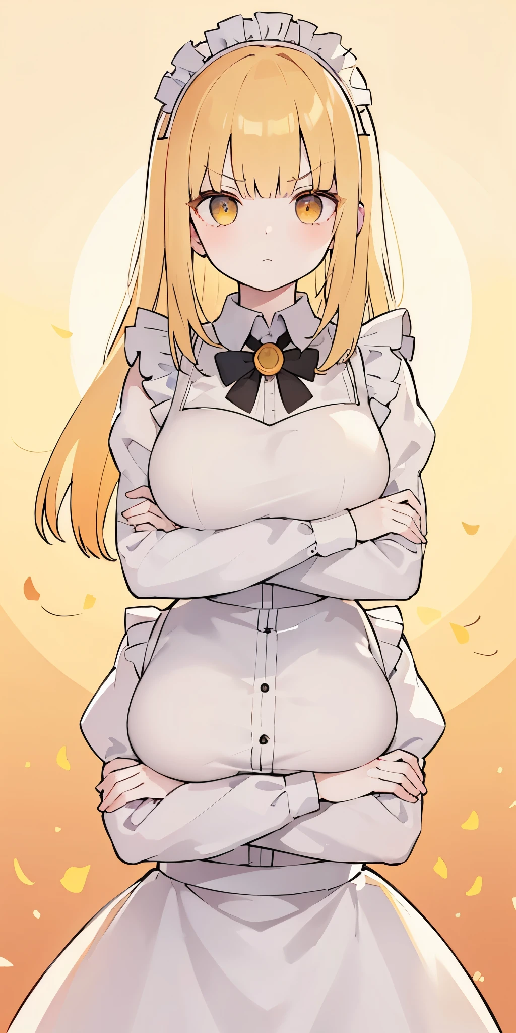 Cute, baby face, big breasts, cafe staff, long hair, blonde hair, yellow eyes, honey, white background, simple background