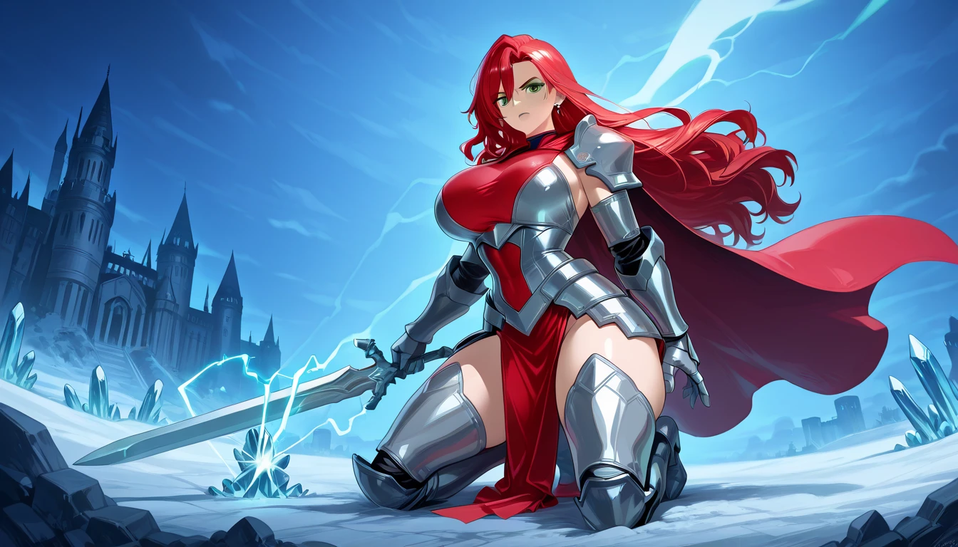 top-quality、ultra-detailliert、Blue eyes、Colossal tits、Red-haired、1 female、(((High-leg armor)))、bikini arm with Cleavage View、pony tail hairstyle、Has a huge sword、The background is the forest、Shynes.