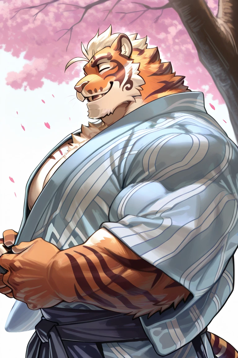 An anthropomorphic tiger with a fluffy, lustrous deep orange mane, with hints of cinnamon and amber.

Dressed in traditional Japanese costumes and a humanoid mouse，Wearing hanbok，Fierce

((abundant hair on the chest up to the navel)) hairy

 His face is rounded and adorable, with lively eyes and a playful expression.

Casual shirt, casual shorts

 ((A medium long beard covers his chin, giving it a wise and distinguished appearance.))

((Ponytail, ponytail)) Beard beard

His body is strong , but with a slight touch of fatness that gives it an attractive appearance of "dad bod. 

The stripes on its fur are thick and pronounced, creating a captivating pattern. 

The tiger&#39;s posture is relaxed and confident, with a mischievous smile

A fluffy tail swings behind him, completing the image of this imposing and cute anthropomorphic character". 



5 fingers

 His expression is cute , with narrowed eyes and a mischievous smile.

His gaze is cute and captivating., as if inviting the viewer to come closer


Assassingamer33,

Zoe-Oneesama, SpiritedArt,

Myrntai, StudioAzurine,





CookieVonCookie] prompts,  by hyaku,

CookieVonCookie]"ultra-detailed,extremely detailed eyes and face,longeyelashes,intricate details,highly detailed , detailed prompts,  by hyaku, by Darkgem, por mapache21