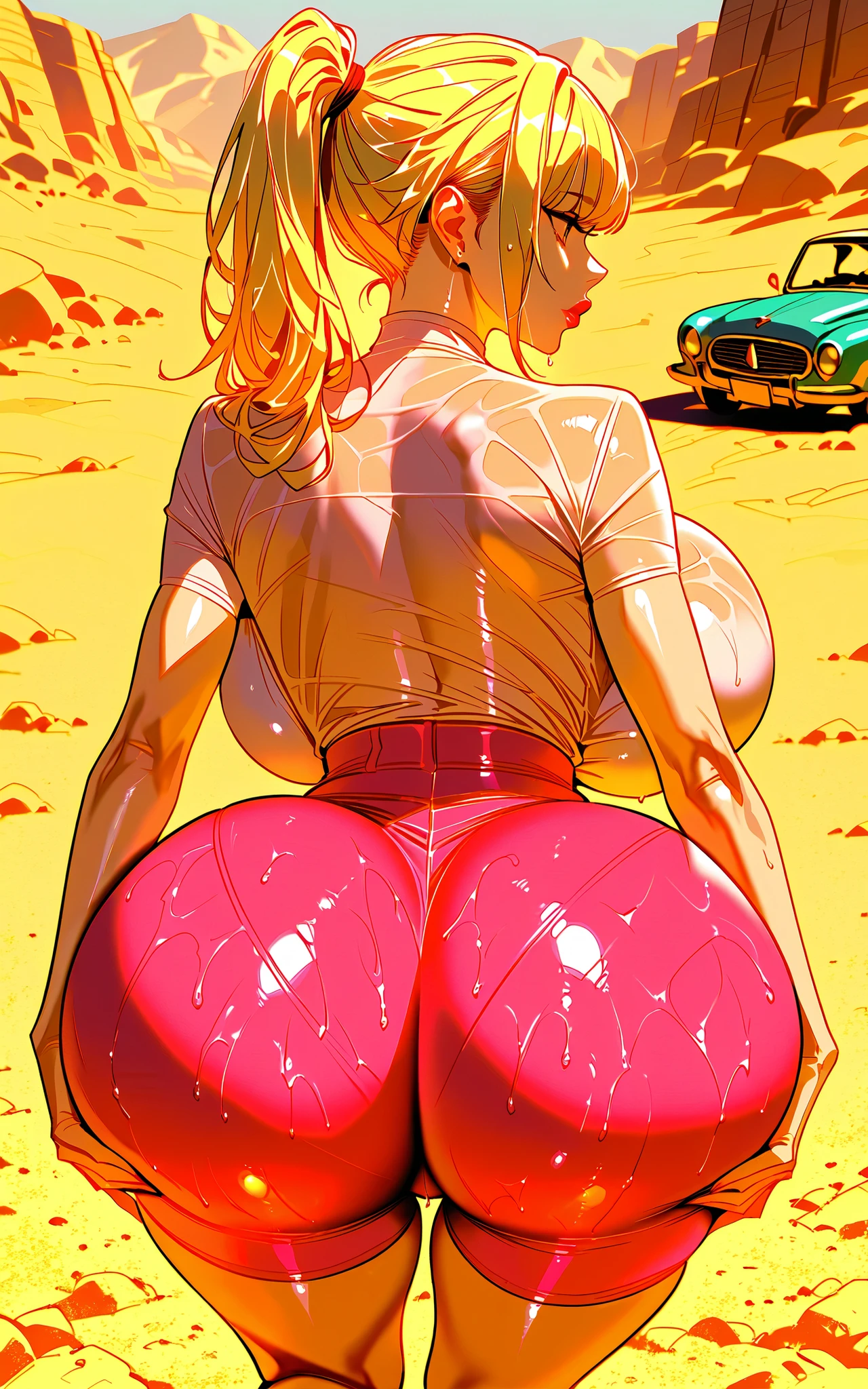masterpiece, best quality, hyper realism, looking the ass sexy lips korean slum style student wearing pink tight shorts, tight wet top, extreme cleavage, legs tight, long blonde hair, in the desert, next to a classic american car,, huge wet breasts, extremely busty, giant fake breasts and heavy ,view from behind, pushing her ass back, extremely curvy, ponytail haircut, high waist, small waist, hyper realism, sexy lips, ((bubble butt)), but her pants come down