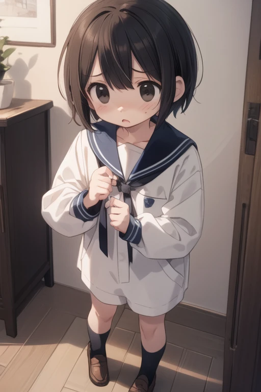 {best quality}. {very aesthetic}. {ultra-detailed}, {best illustration}, ((half open eyes))、serafuku, pleated skirt, sailor collar, white shirt、 One girl, Lift up your skirt, panties、Small breasts、Confused eyes、angry、angryった顔、Glare、Baby Face、shame、White skin、Black Hair、blue eyes、Bob Hair、short hair
