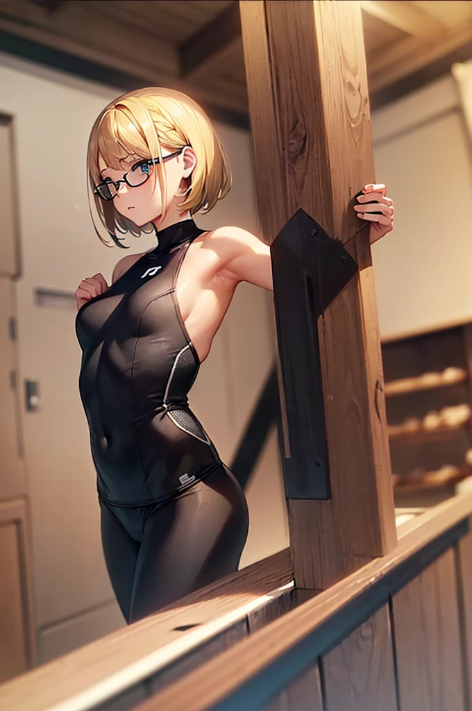 1 girl,blue eyes, blonde,ponytail, big breasts,black leotard,barefoot,Super High Leg Cut, Are standing, serious face,blush,Sweat,Research room