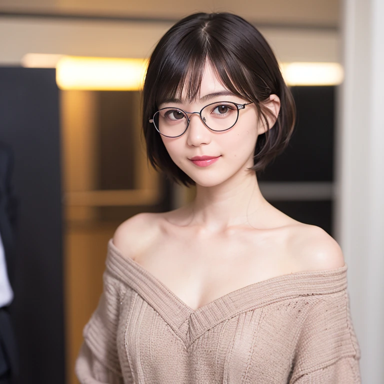 (masterpiece, highest quality, highest quality, )(8K,real photo,Raw photo)detailed face,japanese idol,cute face,natural makeup,((glasses)),random hairstyle,sexy pose,sexy outfit,Upper body,looking at the camera，smile