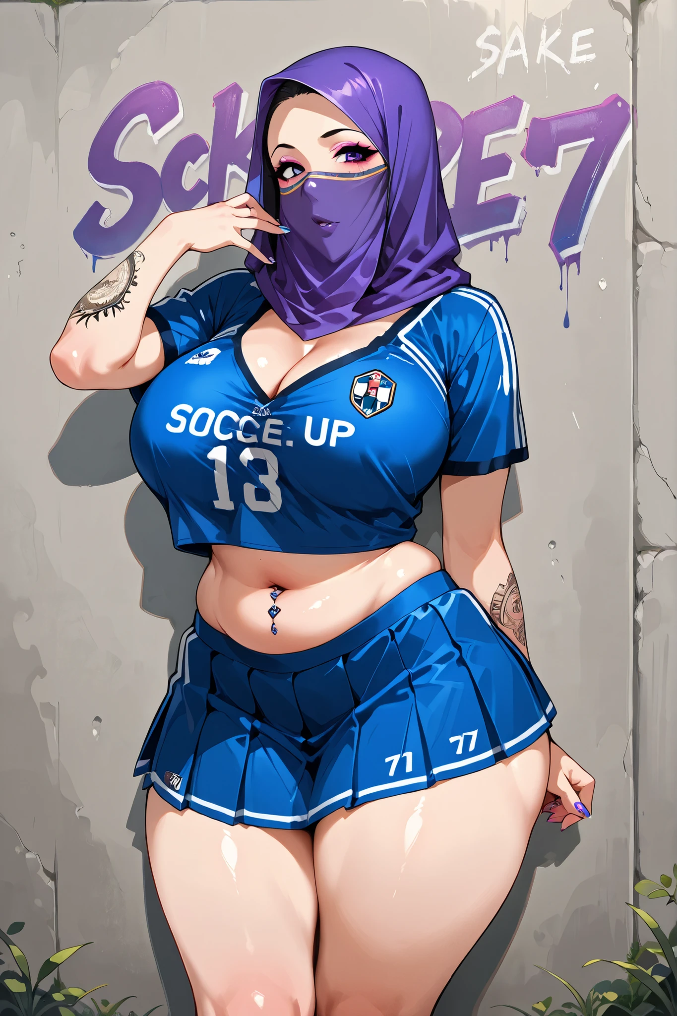 score_9, score_8_up, score_7_up, source_anime, rating_suggestive, 1girl, Arabic, silk hijab, face veil, violet soccer jersey with open cleavage, pleated skirt, long polished nails, makeup, tattoos, belly piercing, standing in front of a graffiti wall, ground traced as a small soccer field made of concrete, urban style, big natural breasts, big rounded ass, a soccer ball under one arm.