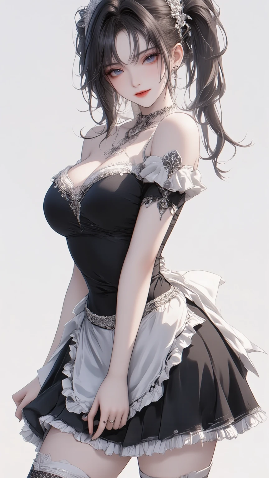in style of Anna Razumovskaya
(cowboy shot:1.3),(1 elegantly dressed aristocratic girl),full body,1girl,(solo:1.8),face focus,from back,standing,(look at the viewer:1.5),from above,white background,(turning head:1.8)