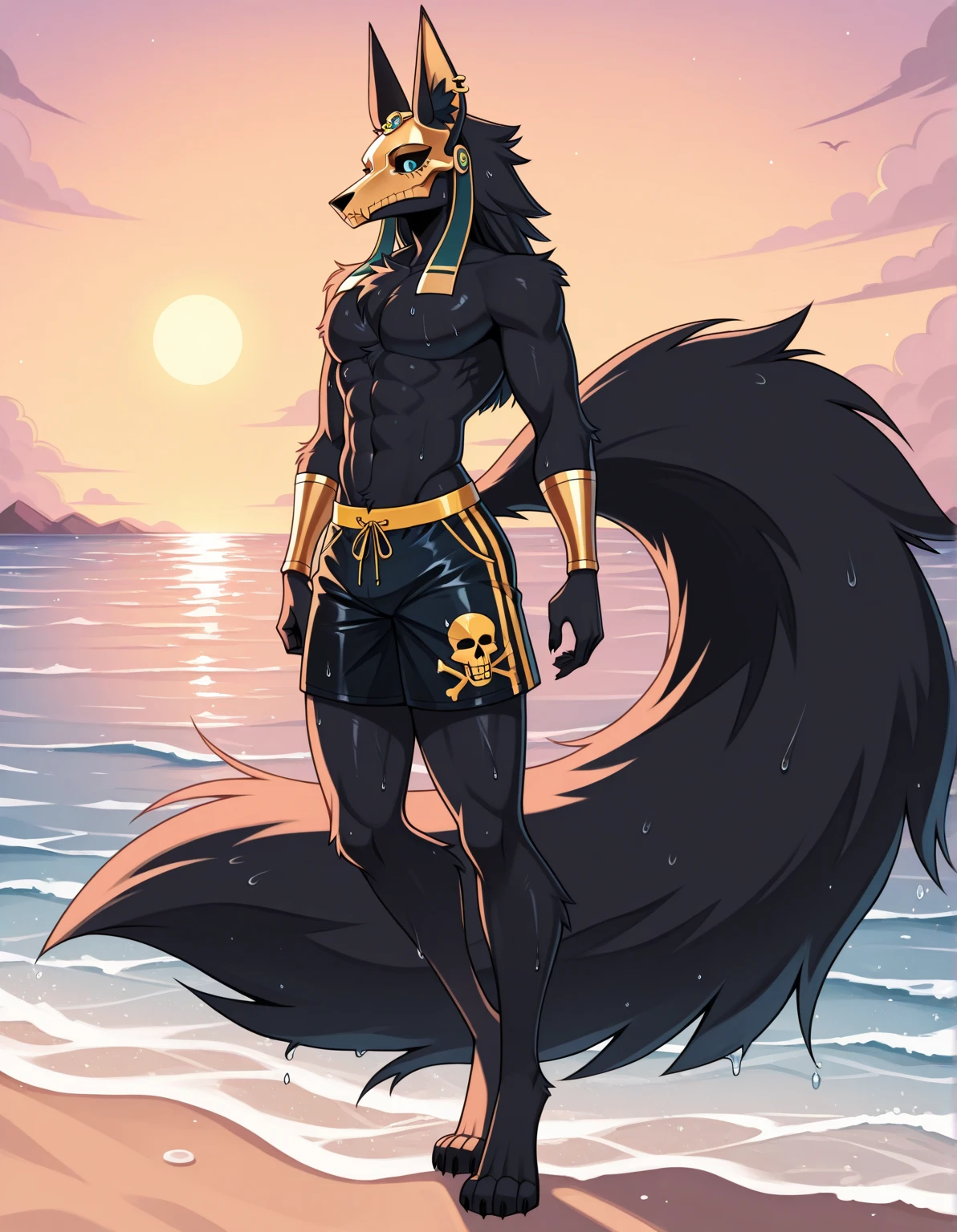 Border collie, Anthro, Furry, Wearing Blue Underwear, Skinny, behind him Beach And Night, his really tall, Macro Size, his 50ft Tall