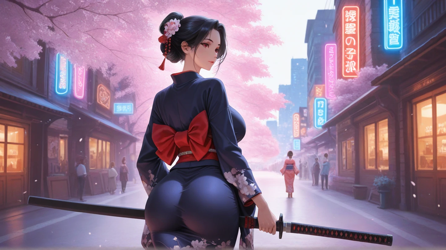(Browsing Caution), (RAW Photos), (Realistic), (Photorealistic), Ultra-high resolution, masterpiece, Highest quality, Portraiture, facial Portraiture, Perfect lighting, Detailed lighting, Dramatic Shadows, Ray Tracing, Pure Eros Face_v1, Urzan-6500-v1.1, 1 Japanese ninja girl, ((smile)), ((cowboy shot:1.2)), ((random sexy pose)), looking at viewer, ((wearing a ninja_clothes)), ((in old Japanese street)), ((night)), ((background with Cherry blossoms:1.2)), ((Cherry blossom blizzard:1.2)), ((moon)),