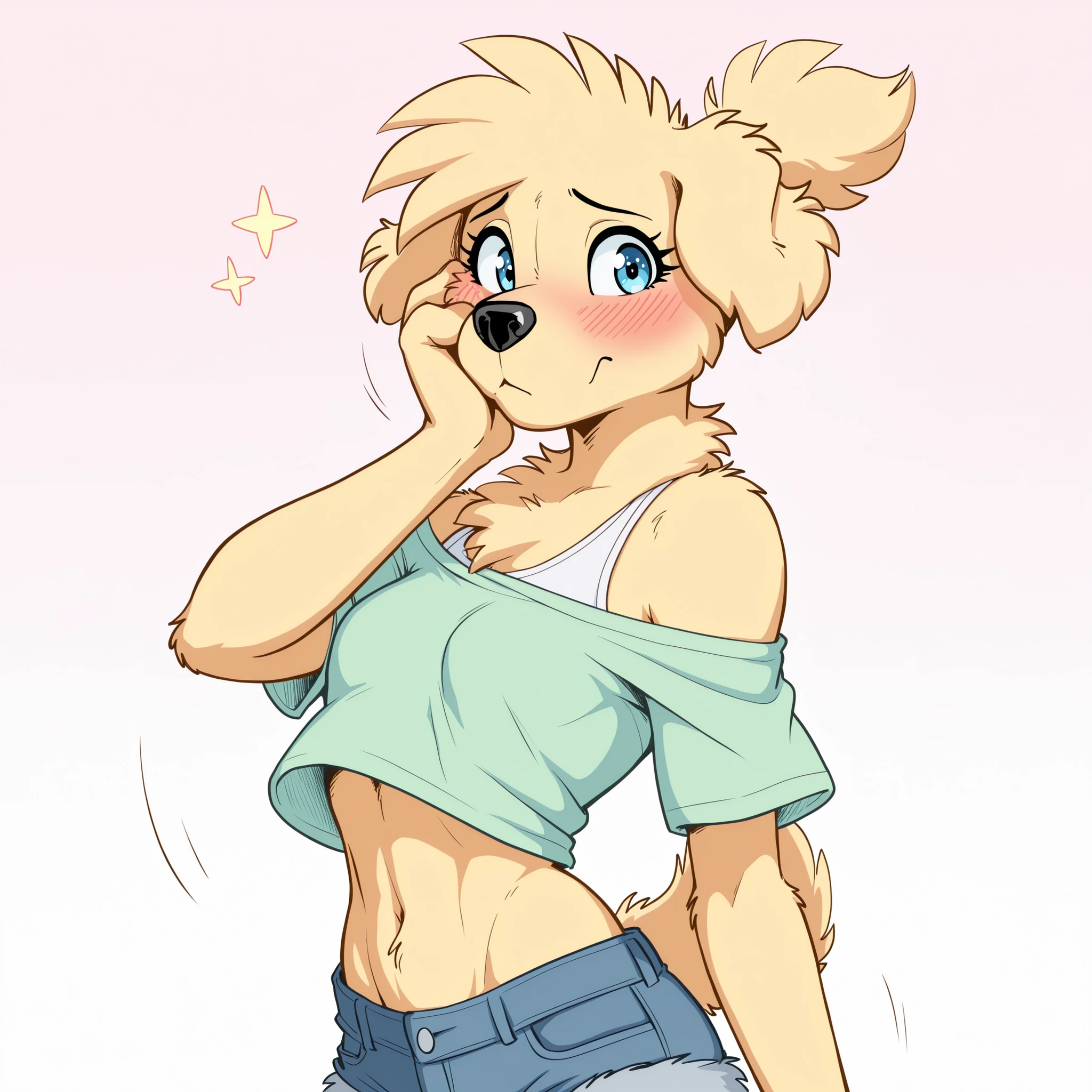 masterpiece, best quality, amazing quality, anthro golden retriever, 1girl, solo, simple background, pastel colours, wind, spring, stars, young, eyelashes, blue eyes, fur, small breasts, shy, blushing, looking at viewer, very short hair, fluffy neck, fluffy chest, green t-shirt, bare shoulders, narrow shoulders, hand at cheek, short ponytail, short girl, lean, slender body, thin torso, thin waist, white sports bra, underweight, skinny, denim shorts