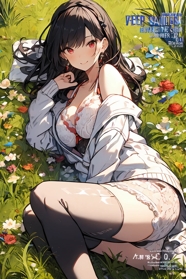 1girll, 独奏, She wears black lace underwear,Exposing thighs,Sit on grass,The chest is large,Perfect hands