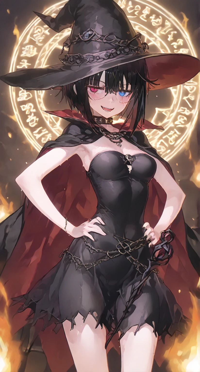 A Beautiful and Tall Girl, with Long Light-Brown Hair, Pretty Red Eyes, Gigantic Breasts, and an Incredibly Curvy Figure. Wearing a Pyromancer Outfit, with a Red and Black Color scheme and accents of Gold, as well as a Worn and Slightly Burnt Black Witch Hat. She is close to the camera and strikes a Mischievous Grin, The background is a Mysterious Forest with a slightly eerie swampyness to it.