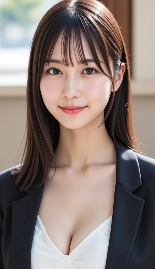 8k, (Raw photo:1.2), (Photorealsitic), Beautiful detailed, Famous popular actresses、 (Real: 1.4), extremely detailed eye and face, beatiful detailed eyes, ((Dazzling night illumination plaza:1.2)), ((Women's Suits:1.3, Ultra-realistic pantyhose:1.2))、selfee、Instagram、harsh trial, Please look at the camera and raise your hand、huge filesize, hight resolution, ighly detailed, top-quality, [​masterpiece:1.6], illustratio, ighly detailed, nsfw, finely detail, top-quality, 8k wallpaper, Cinematographic lighting, 1 milf, 19 year old, perfect body type, Beautiful big drooping eyes、Pieckfinger, ((masutepiece)), Best Quality, eye shadow,  high-heels、Portrait、(Very affectionate smile:1.2)、realistic skin textures、shinny skin、Exposed thighs, low angle photo, inverted nipples,