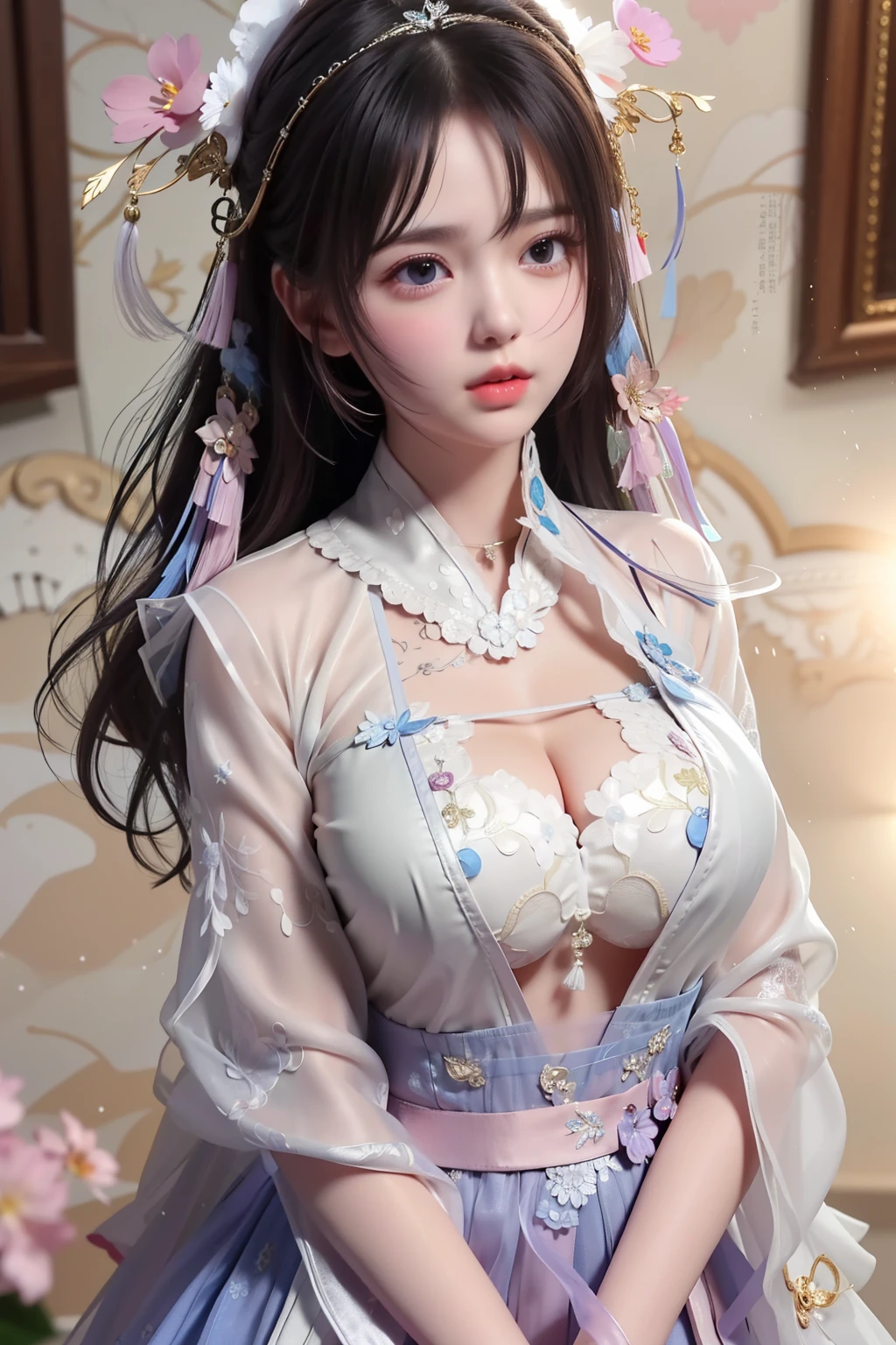 best quality,masterpiece,extremely Detailed details,high resolution,8k,intricate details,realistic,photorealistic,dramatic lighting, 1girl,dunhuang_clothes,dunhuang_dress,small breasts,partially hidden by the clothing,(see-through:1.3),Through a thin veil,glimpses of breasts are visible,creating an alluring and suggestive effect,reveals glimpses of her skin and the contours of her chest, cowboy shot,dancing,