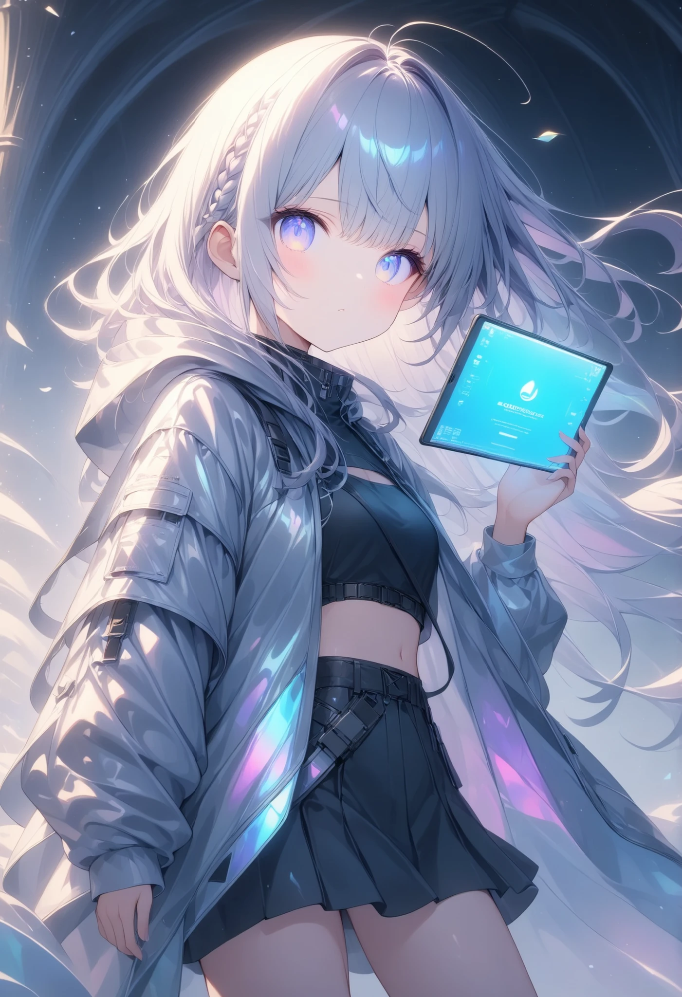 A futuristic woman wearing a high-tech, metallic windbreaker jacket with a holographic surface displaying digital content. The jacket functions like a flexible tablet, allowing touch-based interaction for reading news and online shopping. Underneath, she wears a short-cut T-shirt made of a soft yet alloy-like material, giving it a metallic sheen while remaining flexible and comfortable. Her skirt is long with deep slits, shimmering in iridescent rainbow colors that reflect light and pulse as she walks. Her hair is intricately braided and dyed blue. She wears sleek goggles with a thin antenna on the right side, showing various data overlays. The entire outfit blends advanced technology with futuristic fashion -- cyberpunk, sci-fi, ultra-detailed, 4K, soft lighting, concept art style