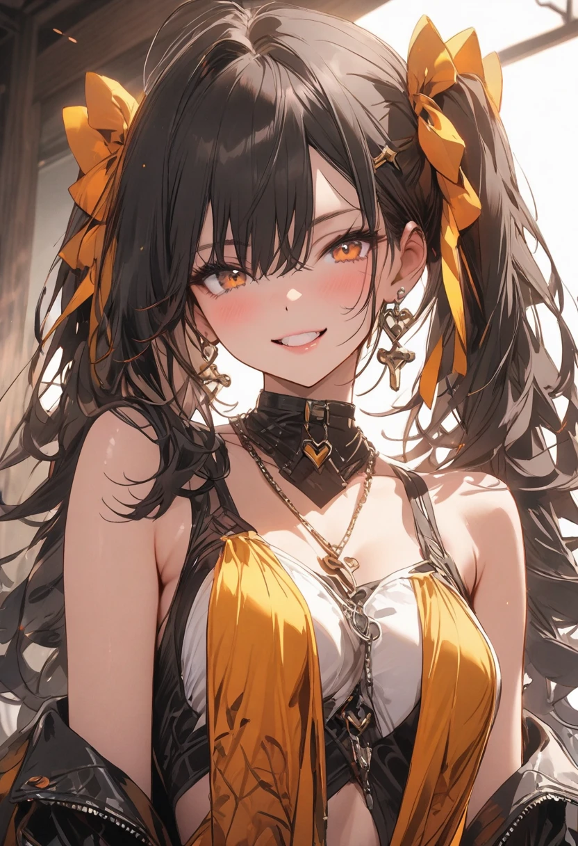 (best quality)), ((1woman:1.5)), ((woman with dark skin) ((black hair)) (yellow eyes:1.5). ((has dark skin, black hair and yellow eyes) ((has a beautiful face, with strong and defined features)) ((human)). Woman ((detailed eyes)) ((detailed face)) ((Powerful and confident woman)) Best quality, high quality, ((best quality)) ((Extremely detailed)) ((detailed face)) ((detailed eyes)) ((inside the classroom)) ((confident woman) ((detailed yellow eyes)) ((Scenery in a school, She is sitting on a table)) ((Bad girl)) (badgirl style clothes) ((Bad girl)) ((She smiles at you like she's confident malefic)) (( She is sitting on a table) ((Dark skin color)), ((Wearing casual clothes))