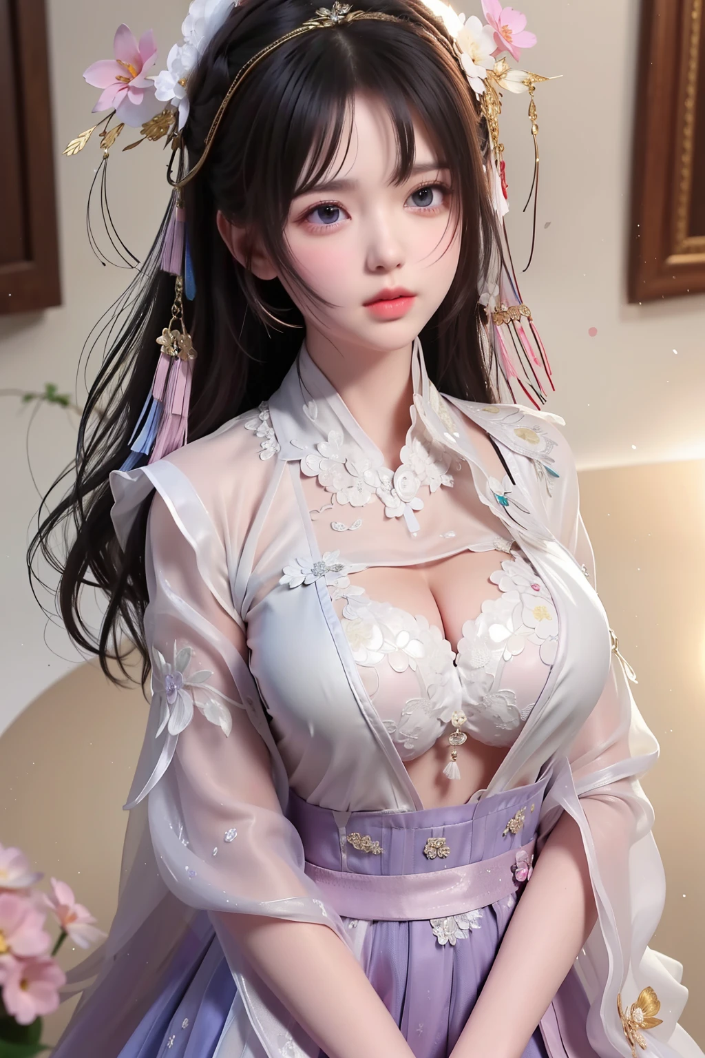 small ,,princess 12 yeald old cute, Master picture quality, Highest quality, Best picture quality, Exaggerated details, The expression is shy,a close up of a , Super beautiful,Long hair, Very exaggerated and compact, Round breasts , Pose in front of the camera, ,, Wet-breasted Hanfu open V-chested clothes, All pictures, Wet body of thin silk fabric, Thin silk lace petticoat,princess 8 yeald old cute, (huge ,cleavage),petticoat, white pink, blue