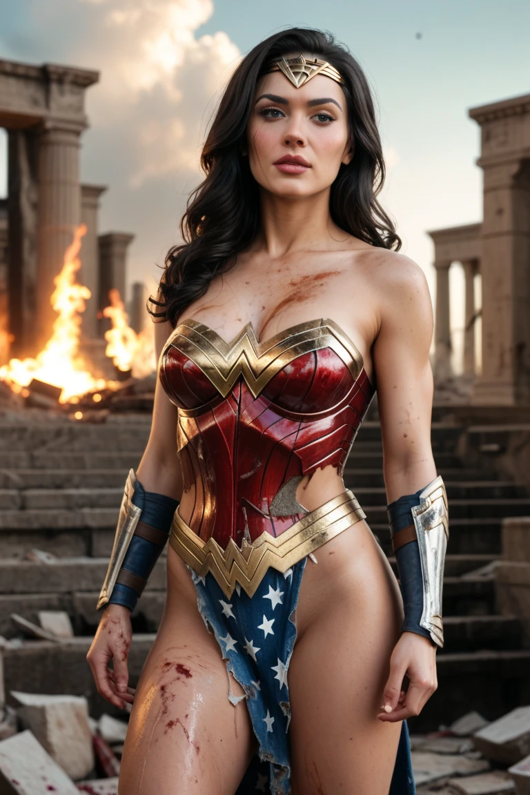 A toned athlete, muscular, blue eyes, black hair Wonder Woman in Wonder Woman’s tiara, red and gold bustier, blue leotard with white stars, ((silver wrist gauntlet:1.2)), ((Red knee high boots:1.2)), golden belt with athletic and muscular body standing with hands on hips, fat muscular bald man wearing grey suits laying on the ground unconscious covered in blood with tattered costumes. (perfect anatomy), (masterpiece:1.2), (best quality:1.2), intricate details, Muted Tone, Delicate, Detail, sharp focus, perfect hands, perfect face, perfect eyes, perfect light, dynamic light, natural light