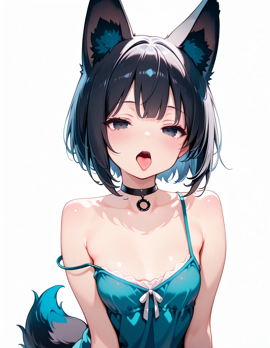 1girl, solo, animal_ears, one_eye_closed, breasts, cat_ears, open_mouth, simple_background, smile, short_hair, cleavage, looking_at_viewer, blue_background, blue_hair, upper_body, dress, black_dress, bare_shoulders, animal_ear_fluff, medium_breasts, black_eyes, strapless, ;d, upper_teeth_only, teeth, blue_eyes, aqua_background