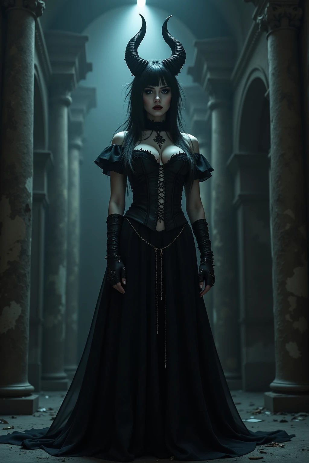 a skeletal zombie ,a dark female undead singing,dilapidated gothic stage,eerie atmosphere,(best quality,4k,8k,highres,masterpiece:1.2),ultra-detailed,(realistic,photorealistic,photo-realistic:1.37),dark tones,dramatic lighting,horror,dark fantasy,haunting, macabre