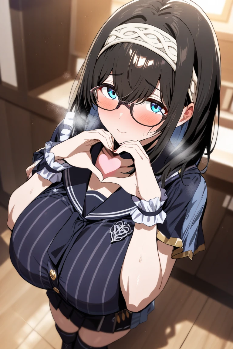 (highest quality: 1.3), (masterpiece: 1.3), (Ultra-detailed: 1.3), (Best Shadow: 1.1)、(One Girl: 1.1)、(Detailed hands and fingers:1.2)、(Ultra-oily, lustrous skin with attention to detail:1.2)、Anime 2D Rendering, Realistic young anime woman,
Perfect Face, Beautiful fine details, Beautiful body, Beautiful thighs, (Beautiful big breasts:1.3)、Beautiful feet, White beautiful skin, Baby Face、 12 year old girl、
Dark purple hair、(Semi-long hair、White ribbon), Sparkling blue eyes、double eyelid、
(Black choker:1.2)、White shirt with collar and buttons、(Beautiful dark blue suit vest:1.4)、(Dark blue tight skirt:1.4)、(Black Pantyhose:1.3)、(High heels:1.3)、Earrings、(Red-rimmed glasses:1.2)、
Wicked Smile、((Grin))、A pretty face and a charming smile,Turn your face and body towards the viewer、Sexy pose、Are standing、The whole body is visible、Diagonal view、