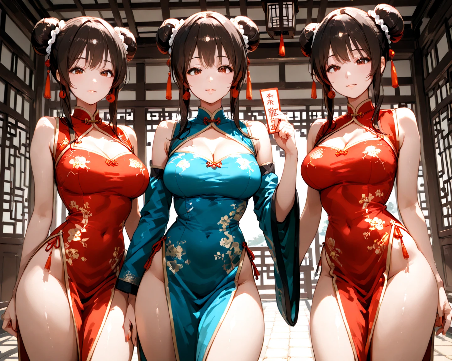 Three big colored sisters wearing only underwear are hugging and teasing and stroking the shy blushing dressing gown teenager in the middle,China,Sexual suggestiveness,Sexual meaning